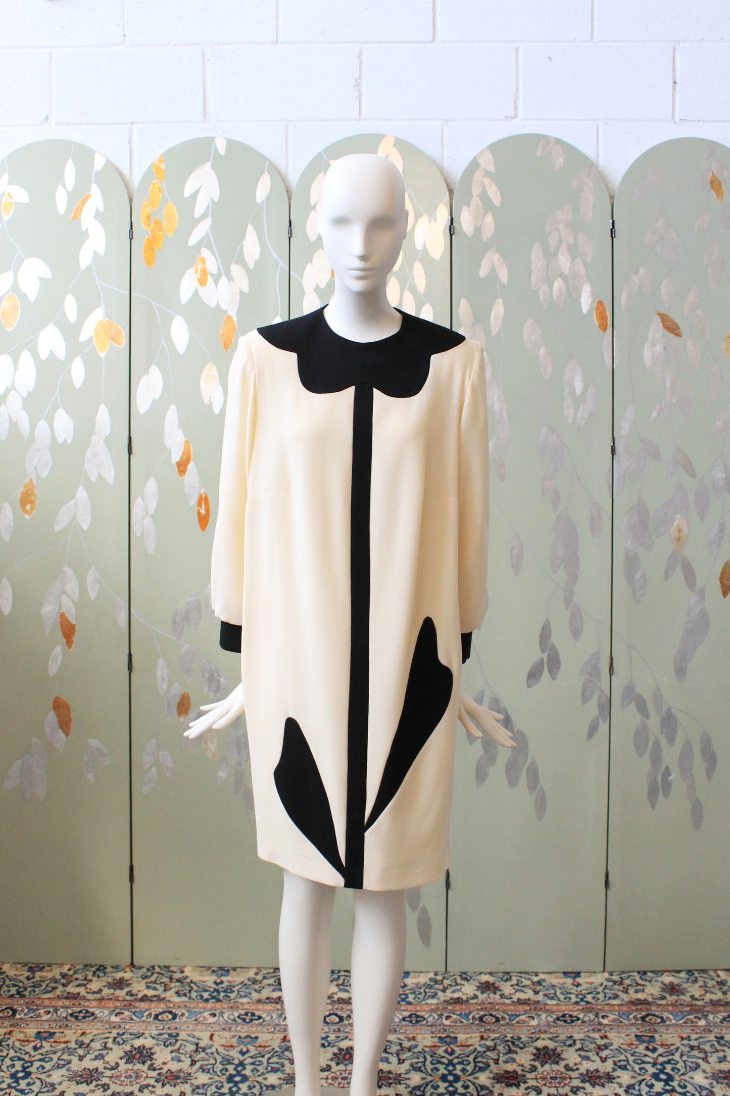 1980s Does 1960s Black And Cream Flower Shift Dress, Medium