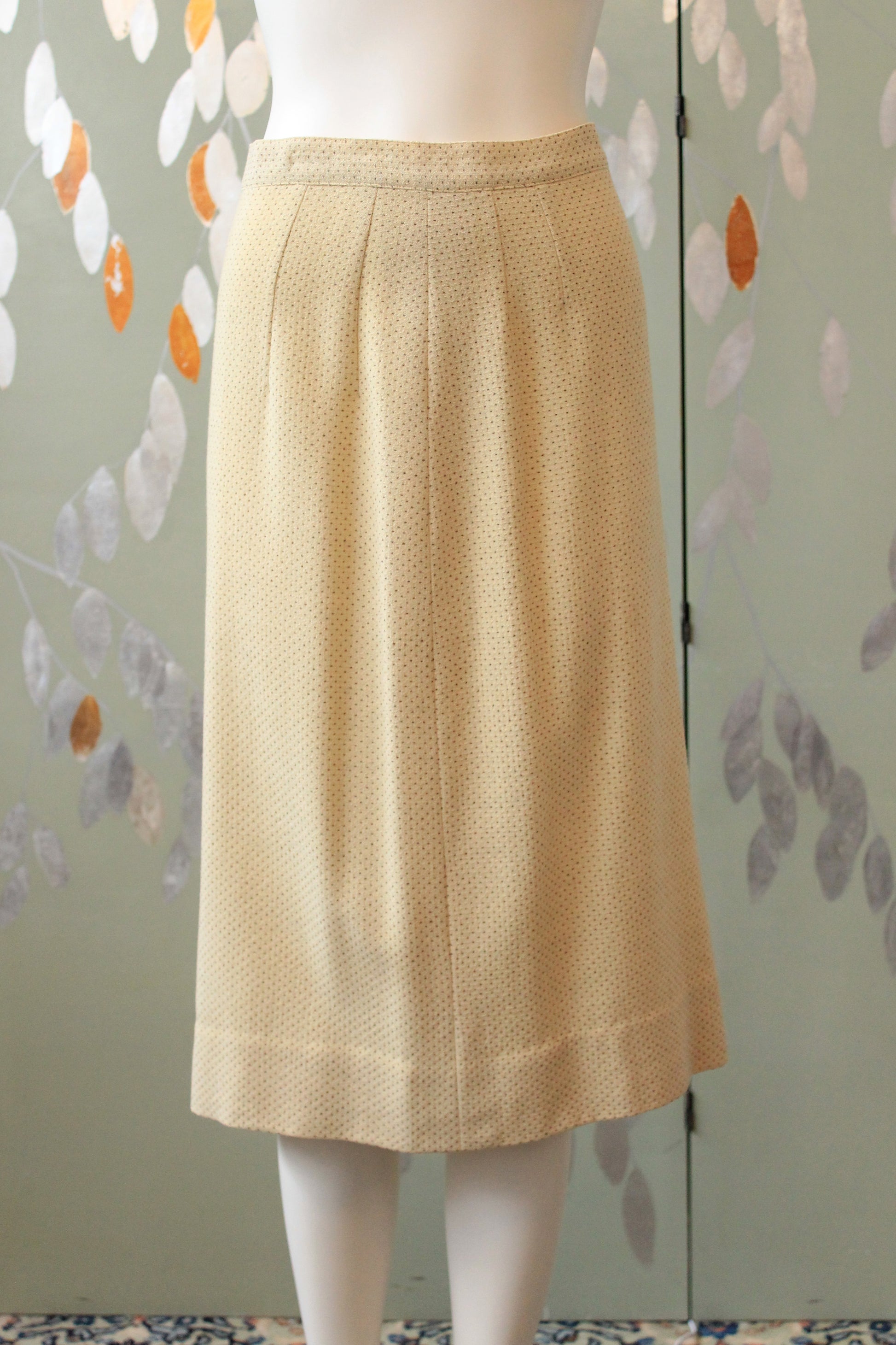 Vintage 1950s Cream and Brown Dot Skirt Suit Set With Leaf Embellishment, XS