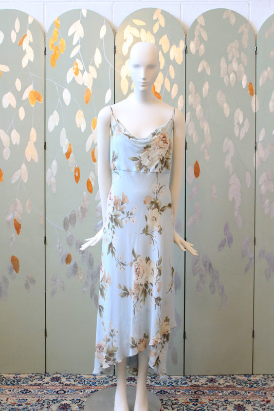 Early 2000s Ann Taylor Light Blue Floral Silk Dress, Medium 