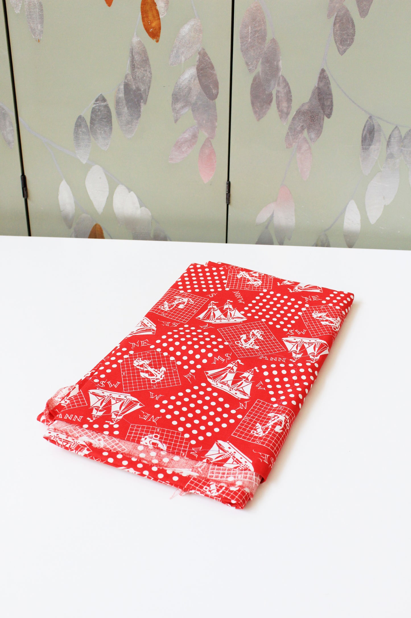 1980s Red And White Sailboat/Anchor Nautical Cotton Vintage Print Fabric, 4 Yards