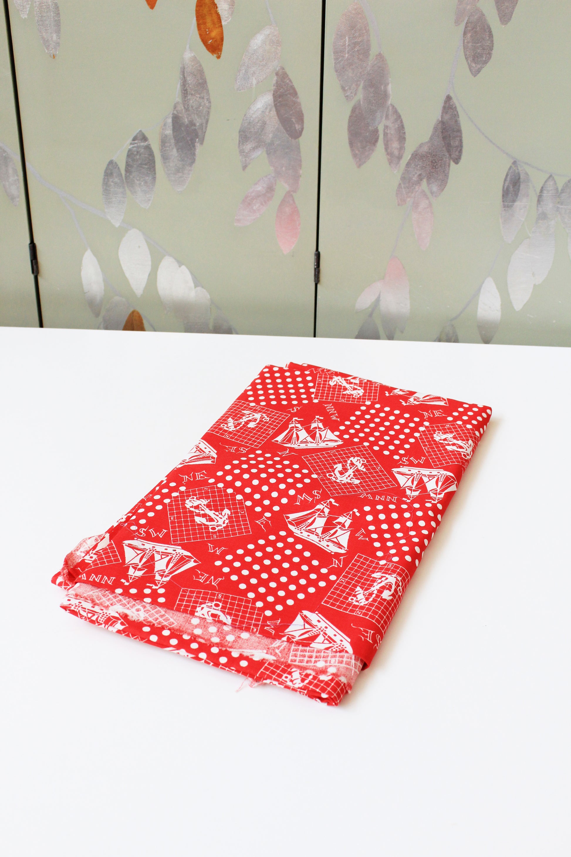 1980s Red And White Sailboat/Anchor Nautical Cotton Vintage Print Fabric, 4 Yards