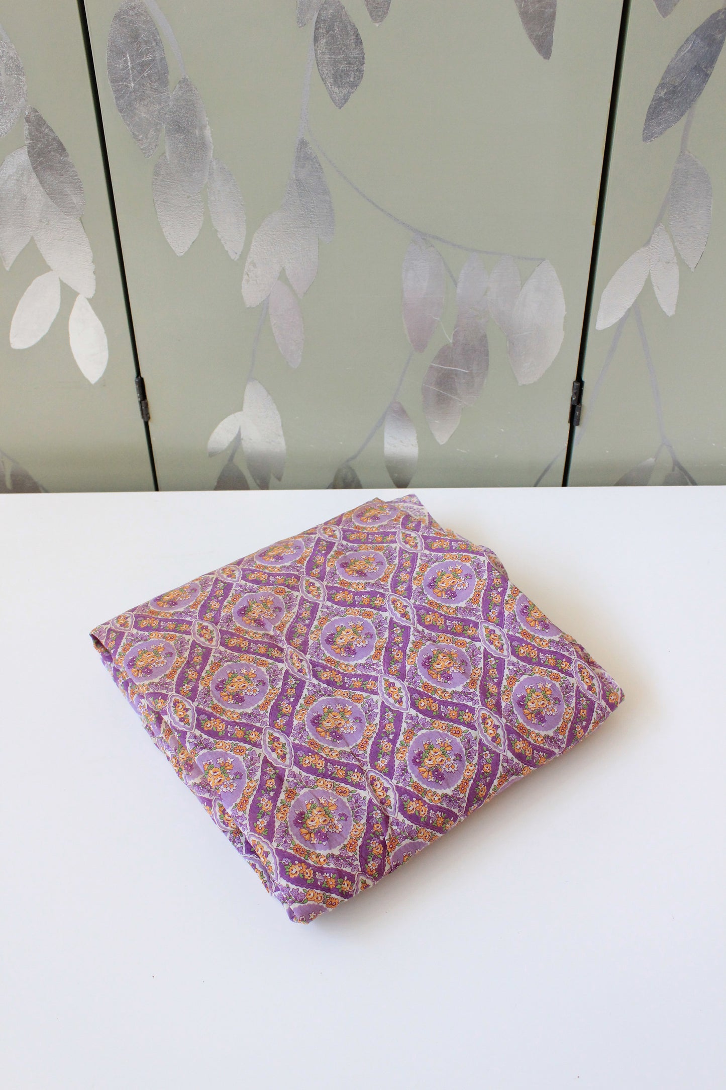 1930s Purple Cotton Sewing Fabric With Orange Flowers , 3.4 Yards