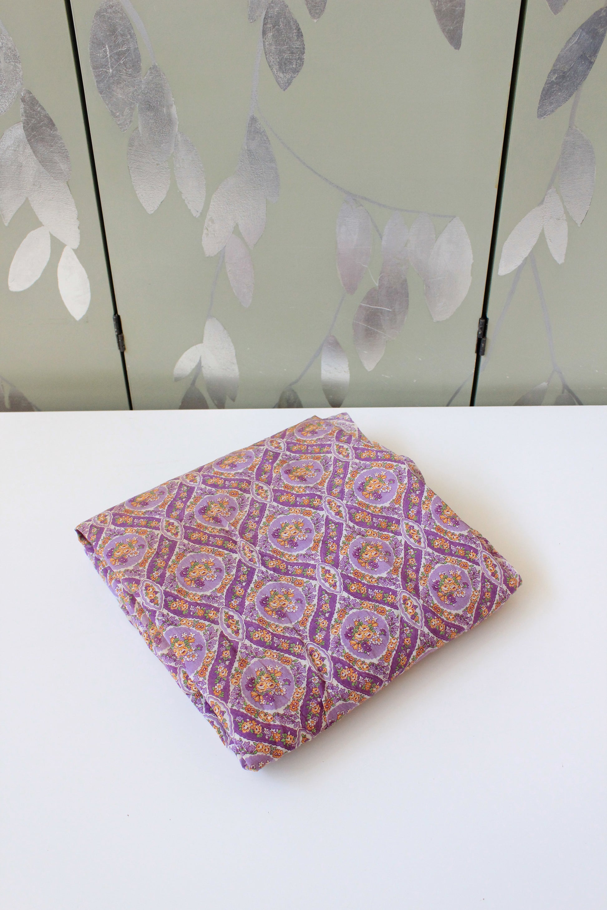 1930s Purple Cotton Sewing Fabric With Orange Flowers , 3.4 Yards