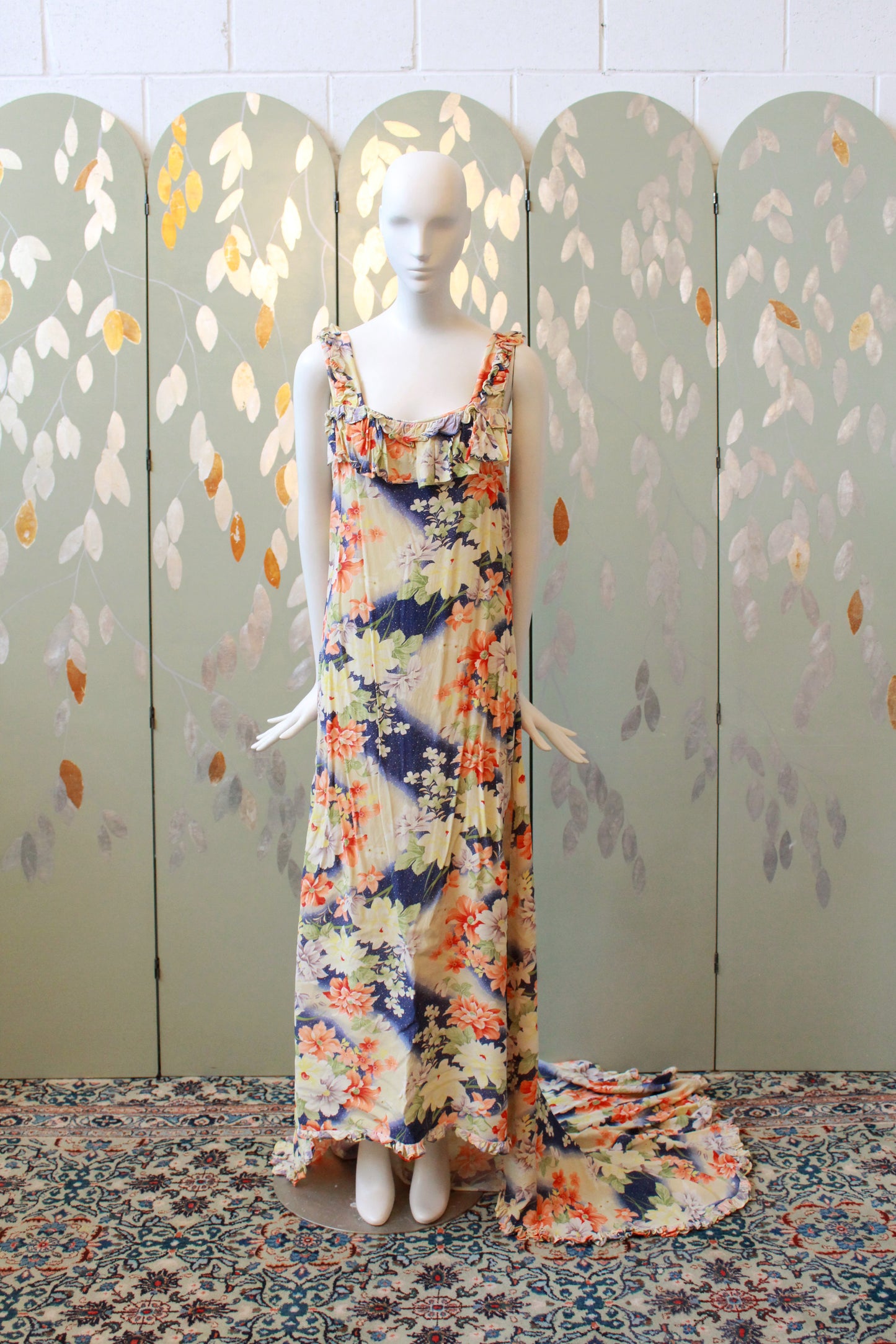 1930s Bias Cut Yellow And Orange Floral Gown With Train, Small