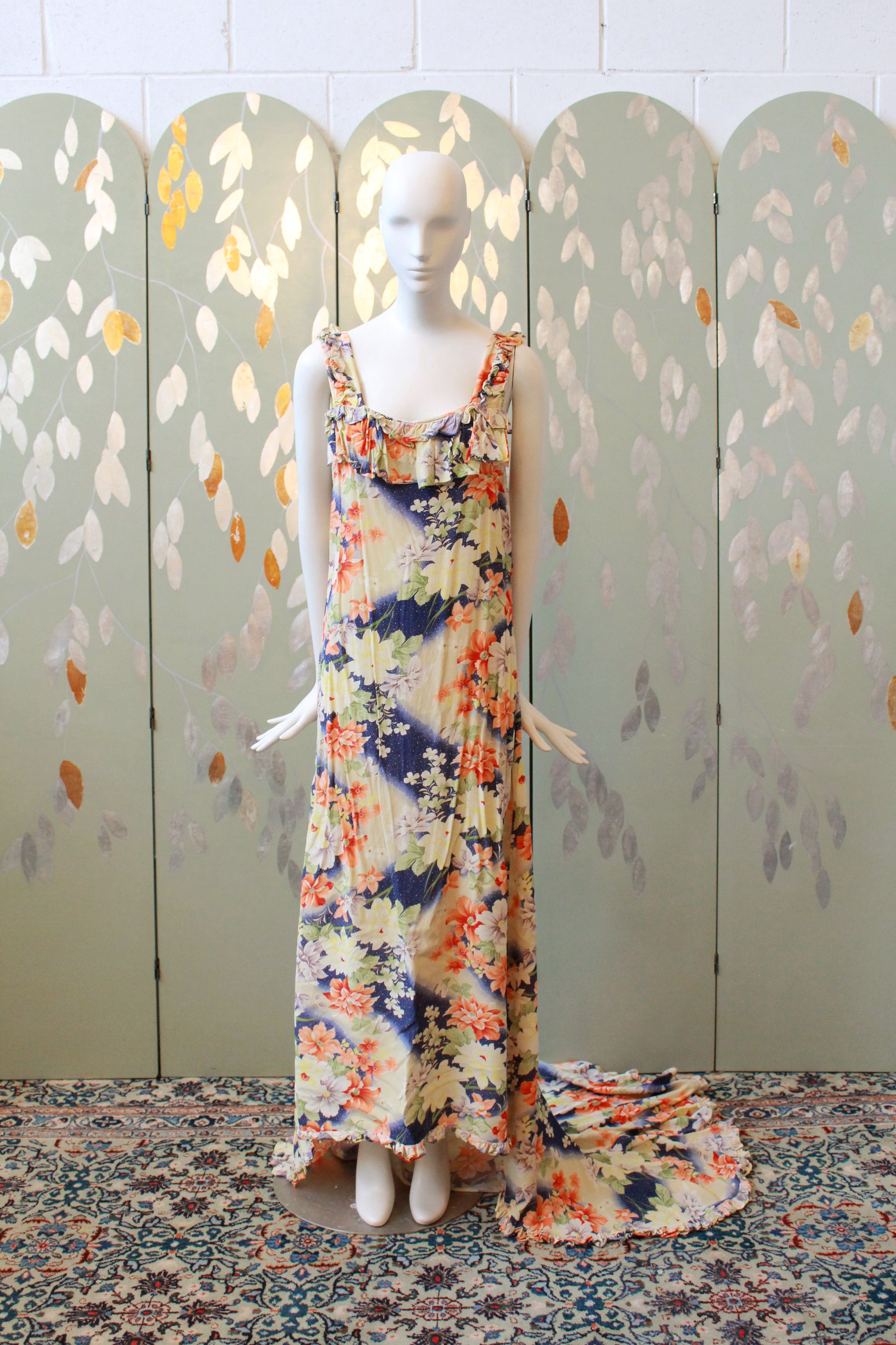 1930s Bias Cut Yellow And Orange Floral Gown With Train, Small