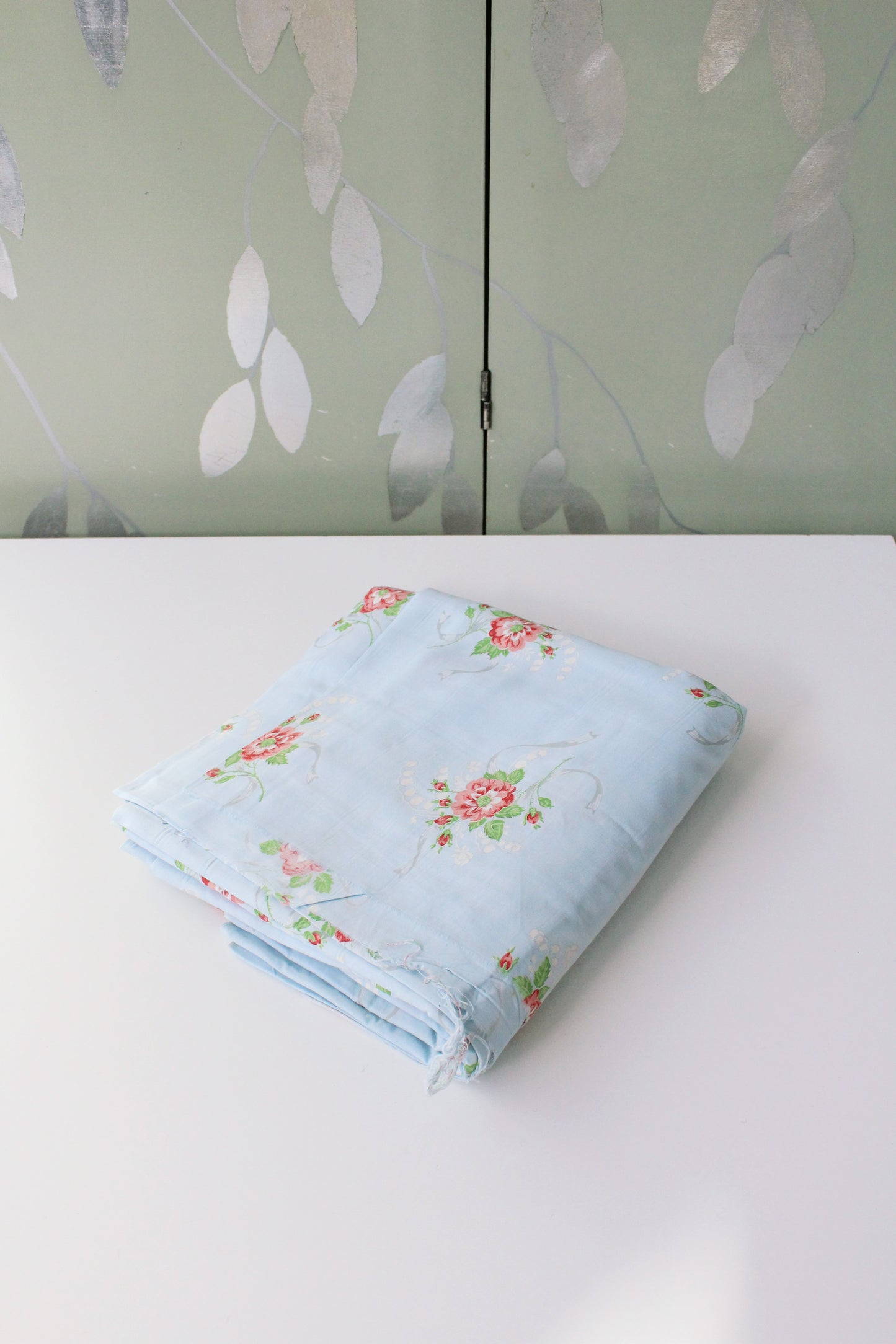 1940s Light Blue Cotton Fabric With Pink Flowers, 9 Yards