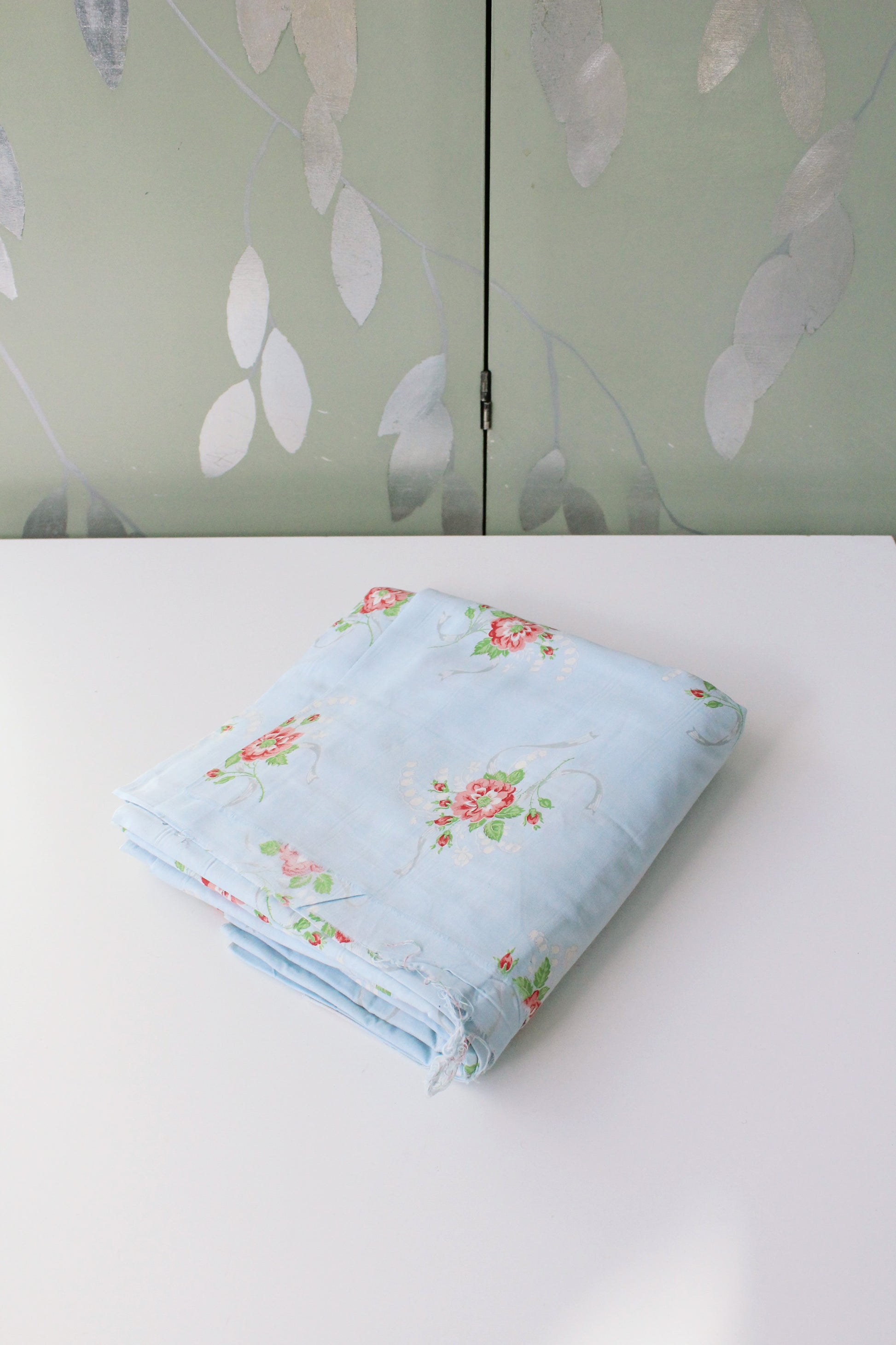 1940s Light Blue Cotton Fabric With Pink Flowers, 9 Yards