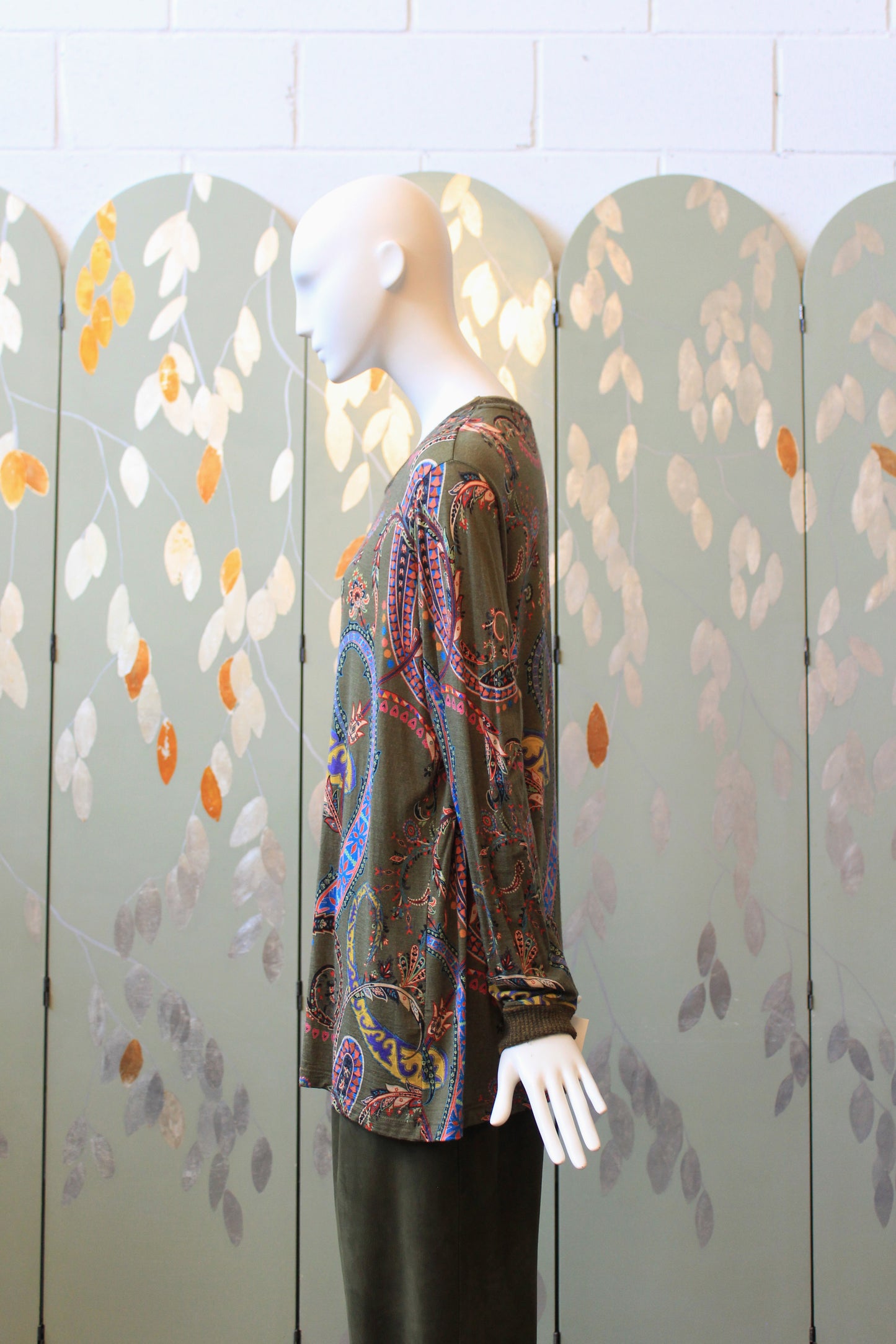 Early 2000s Olive Green Etro Long Sleeve Paisley Print Cotton Long Sleeve Top, Large