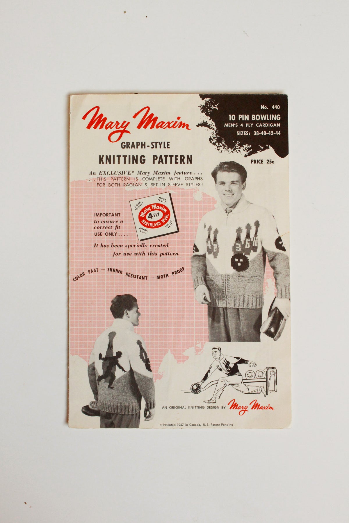 1950s Mary Maxim Mens 4 ply Kitting Pattern 440, 10 Bowling Pin Cardigan 