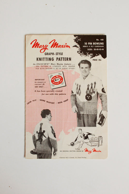 1950s Mary Maxim Mens 4 ply Kitting Pattern 440, 10 Bowling Pin Cardigan 