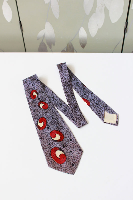 Vintage 1950s Rayon Purple HABAND Tie With Red And Cream Circles