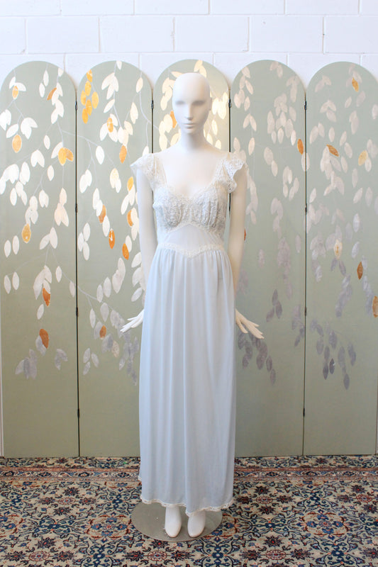 1950s Light Blue Ankle Length Nightgown With Lace Trim, Small