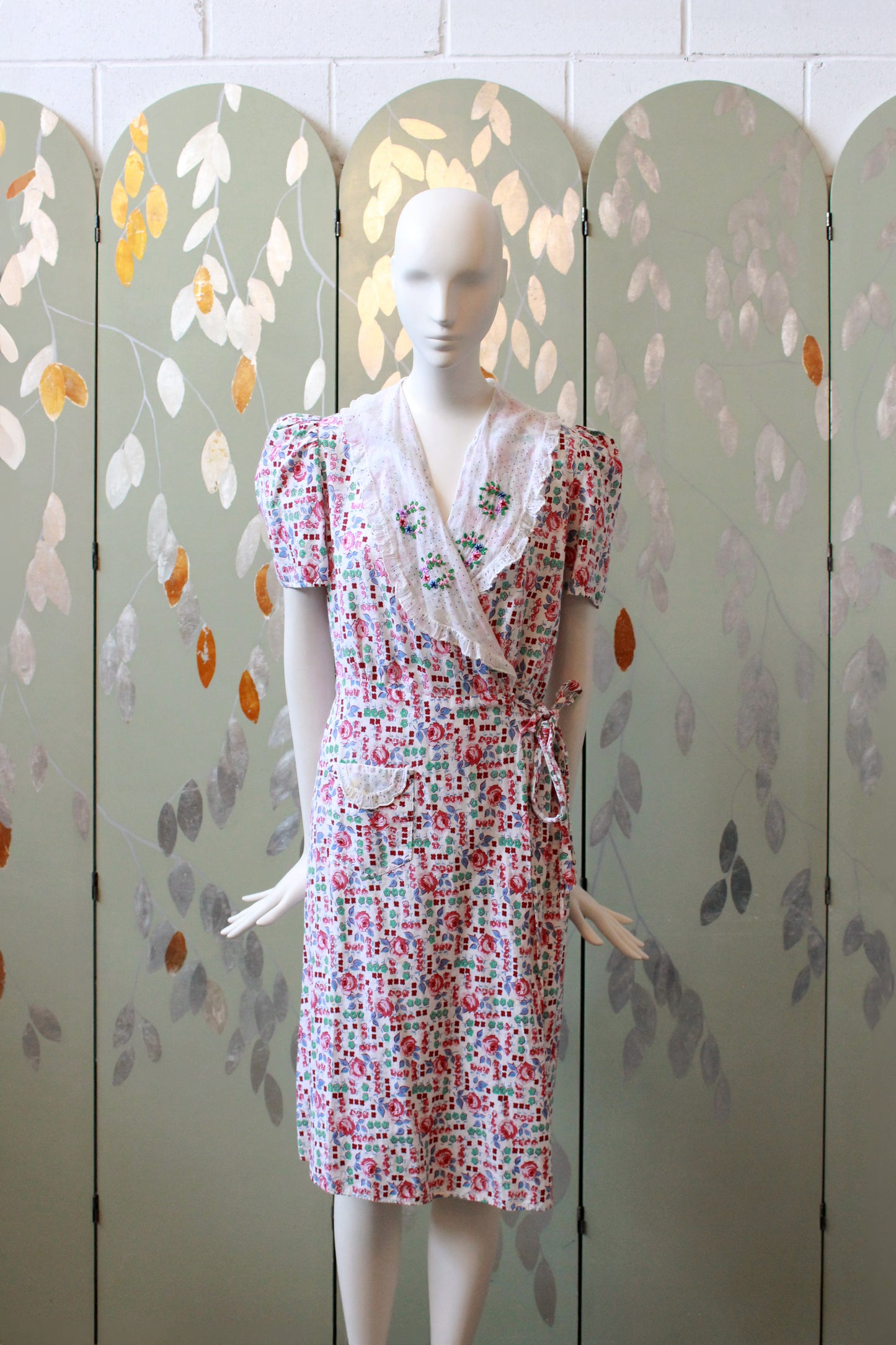 1940s  Floral Cotton Wrap House Dress With Embroidery, Medium