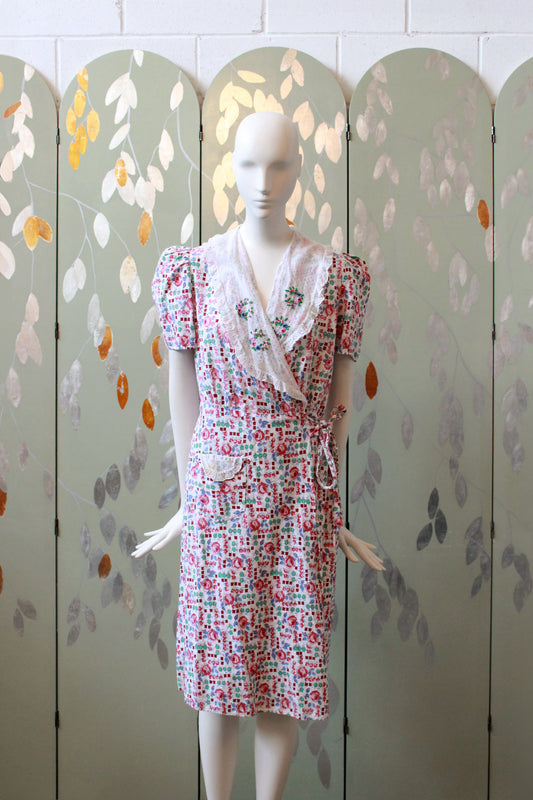 1940s  Floral Cotton Wrap House Dress With Embroidery, Medium