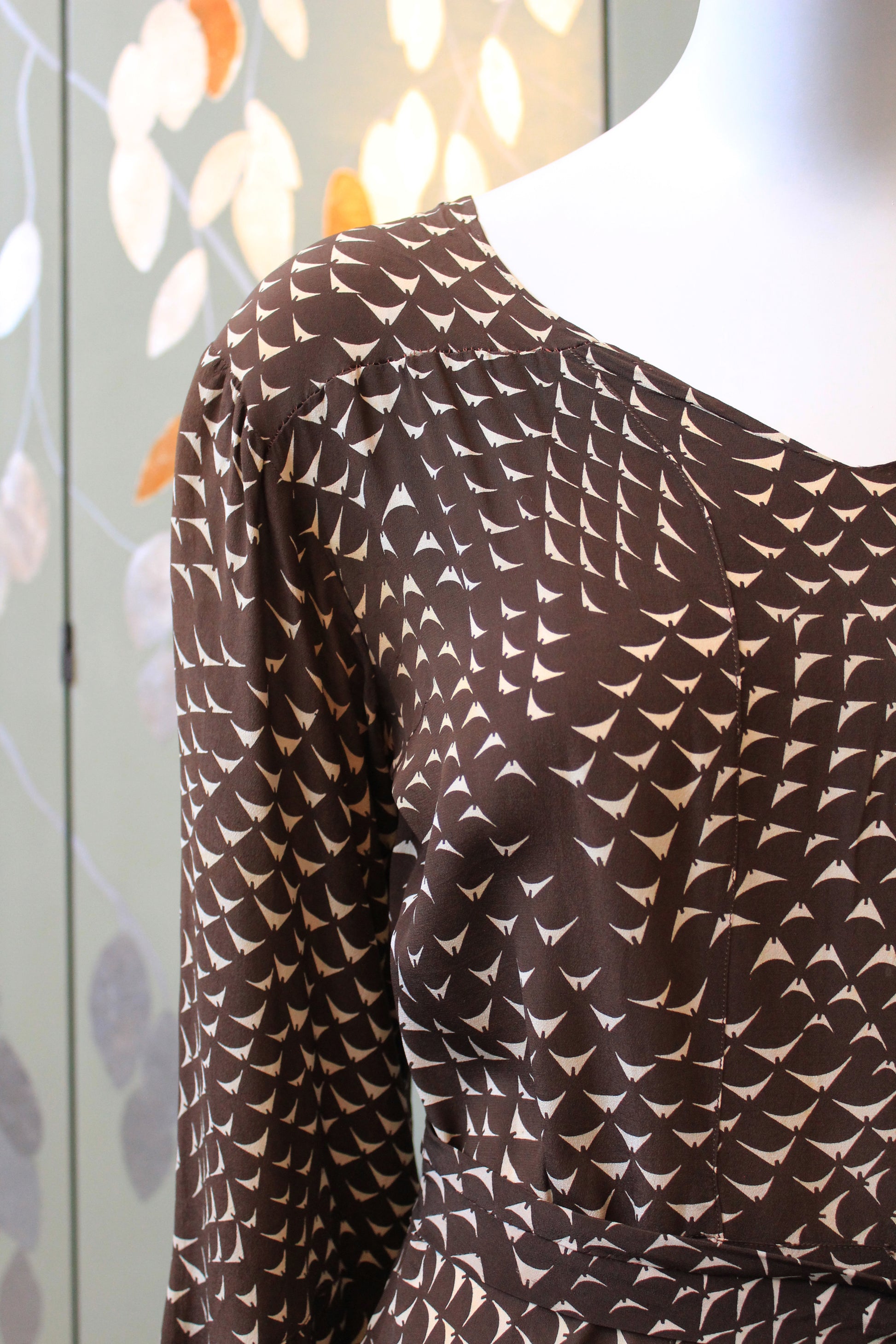 1930s Brown And Cream Abstract Print Silk Day Dress With Flared Sleeve Ian Drummond Vintage 1930s Brown And Cream Abstract Print Silk Day Dress With Flared Sleeve Ian Drummond Vintage