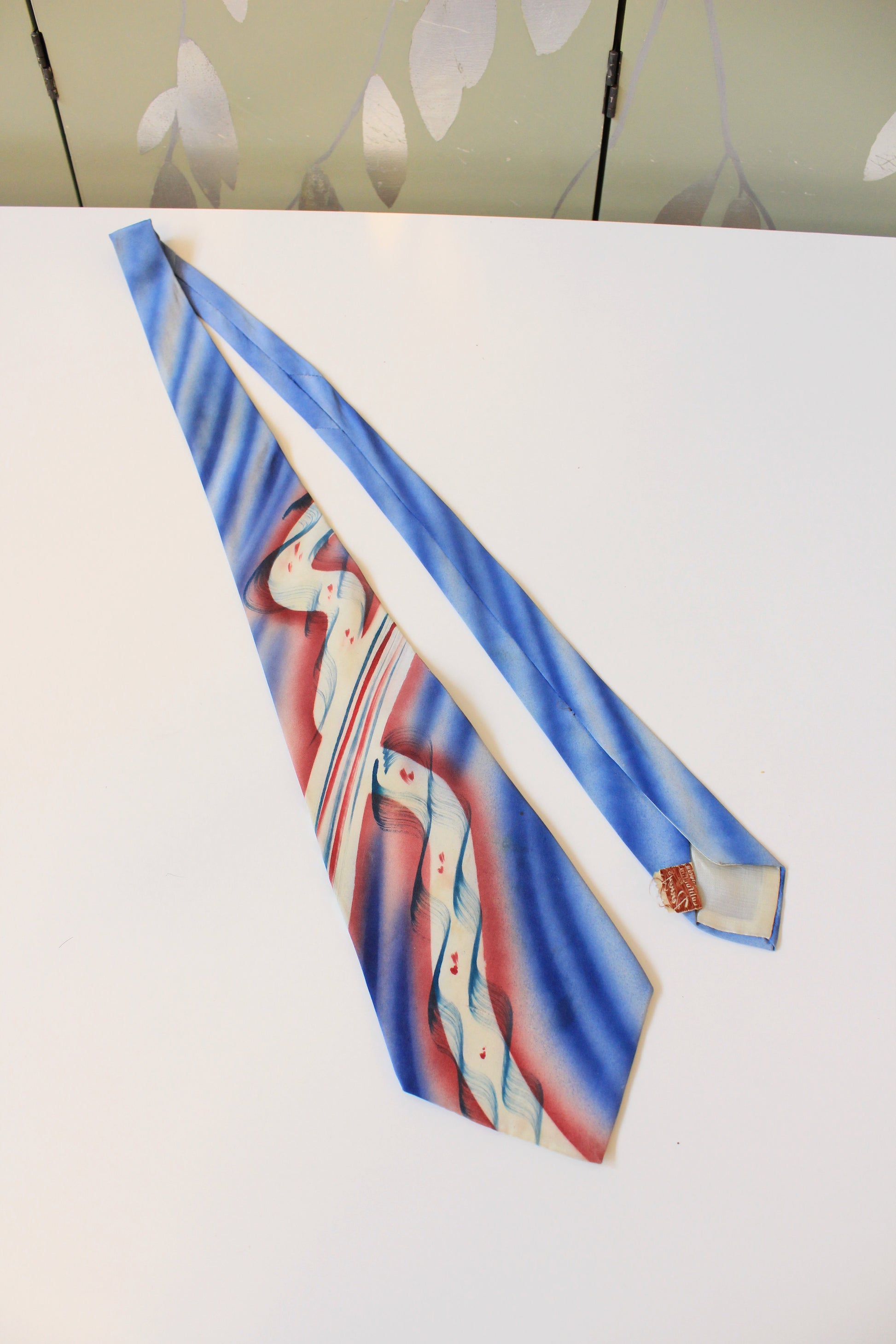 Vintage 1950s Blue/Red/White Abstract Hand-Painted Tie