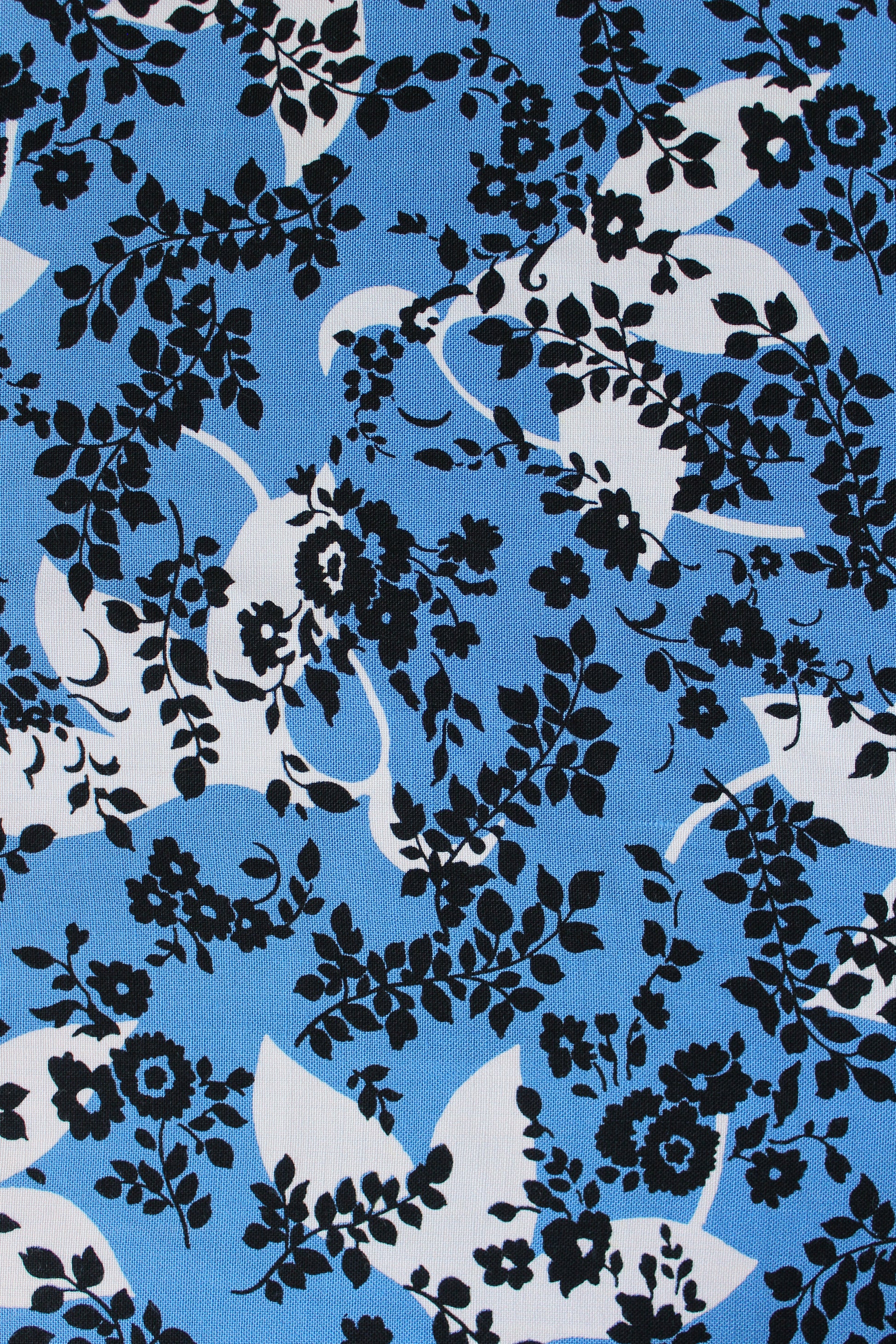 1950s Black and Medium Blue Silhouette Leaves And Flowers, Cotton/Rayon Fabric,  4 Yards