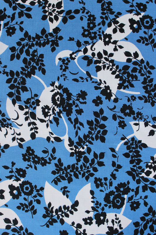 1950s Black and Medium Blue Silhouette Leaves And Flowers, Cotton/Rayon Fabric,  4 Yards