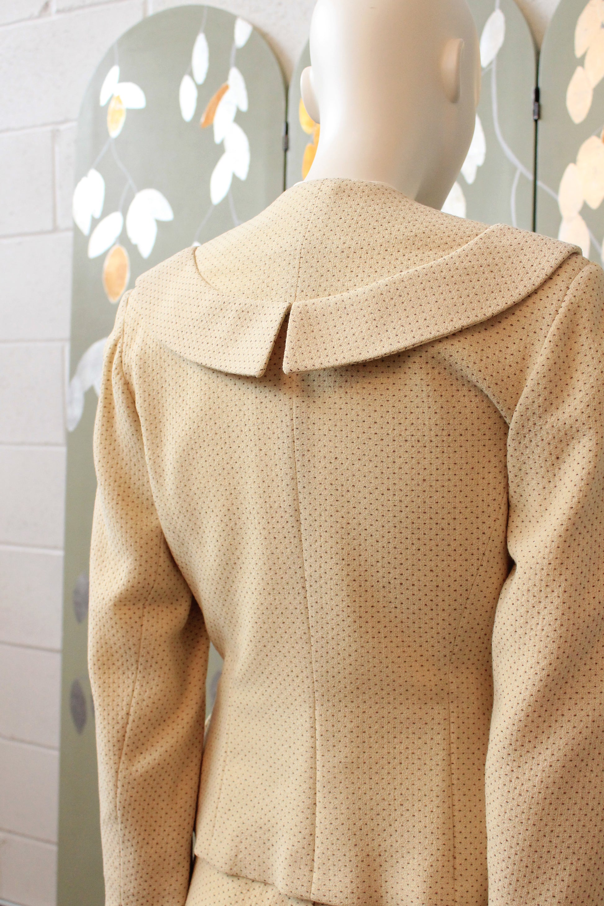 Vintage 1950s Cream and Brown Dot Skirt Suit Set With Leaf Embellishment, XS