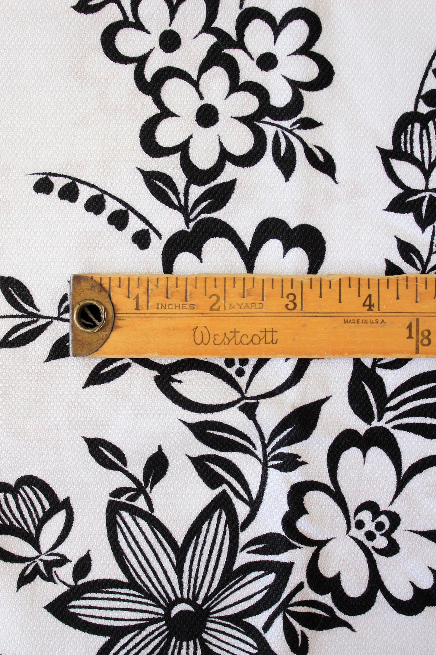 1980s Black And White Large Illustrated Floral Border Print Fabric, 3.9 Yards