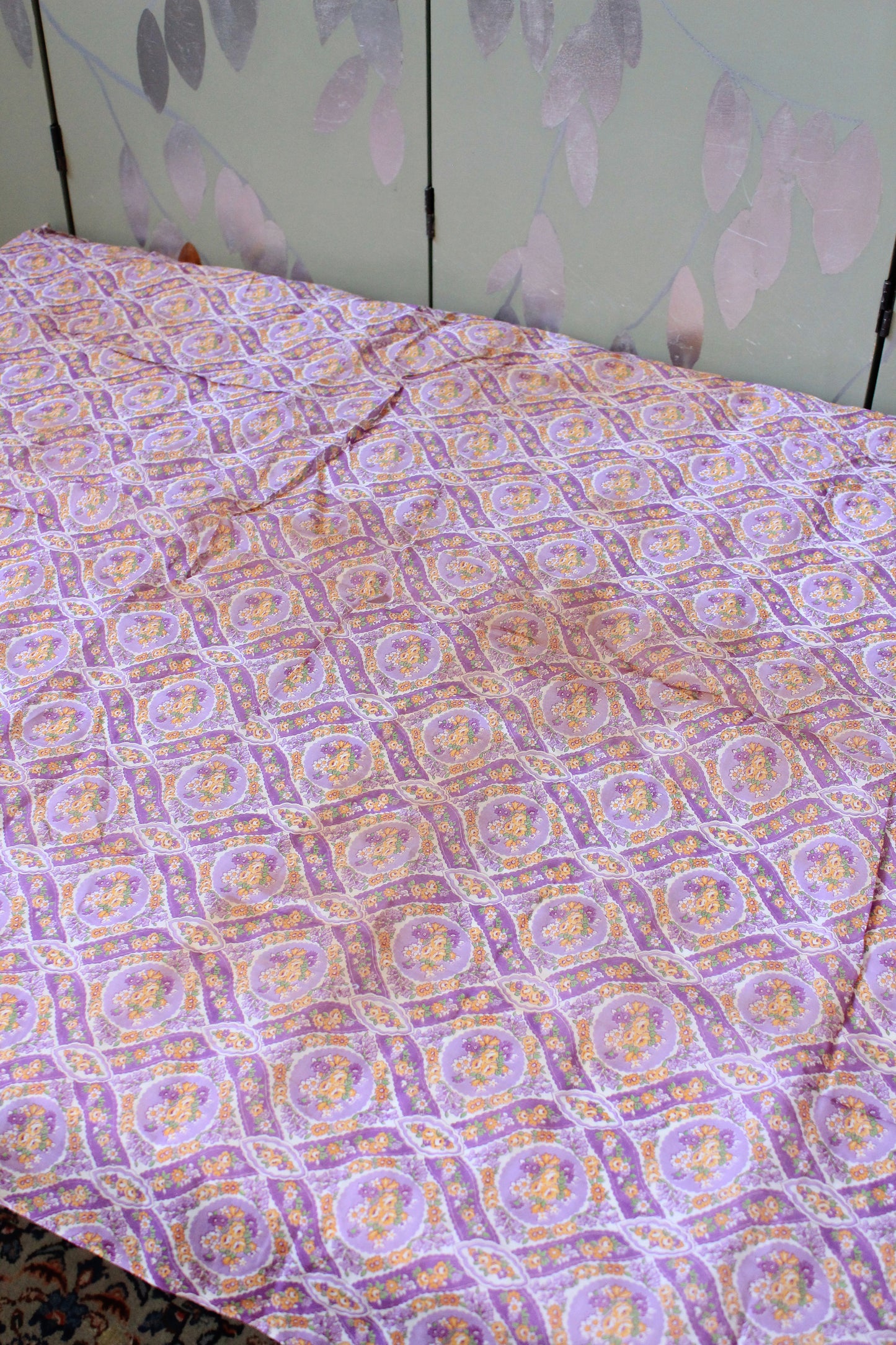 1930s Purple Cotton Sewing Fabric With Orange Flowers , 3.4 Yards