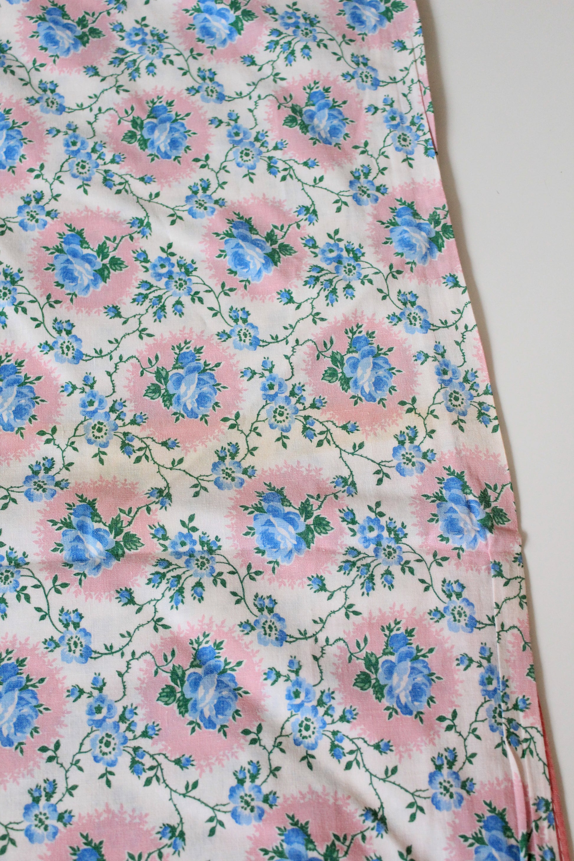 1950s Light Blue And Pink Floral Cotton Duvet Cover, 4.4 Yards Of Fabric