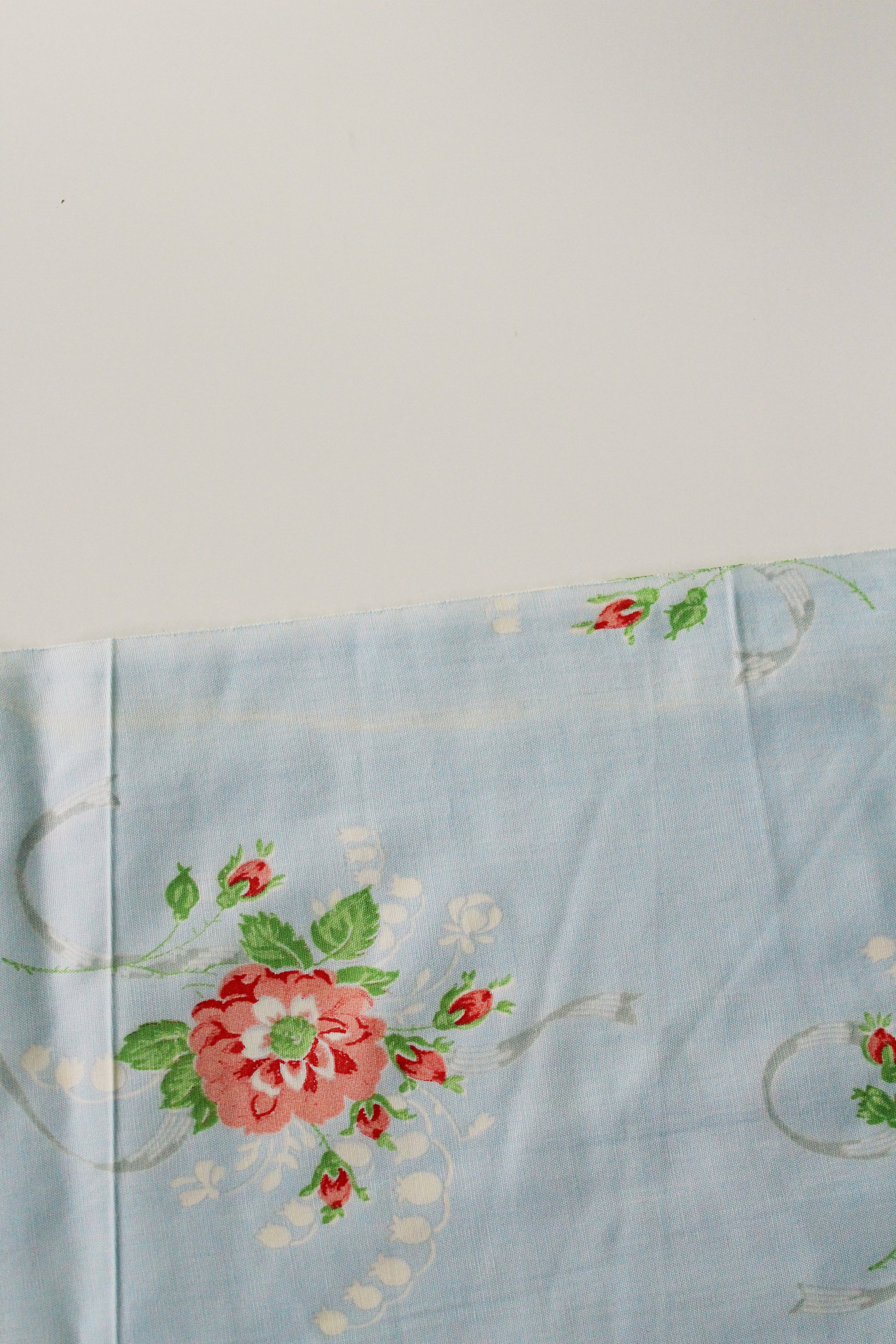 1940s Light Blue Cotton Fabric With Pink Flowers, 9 Yards