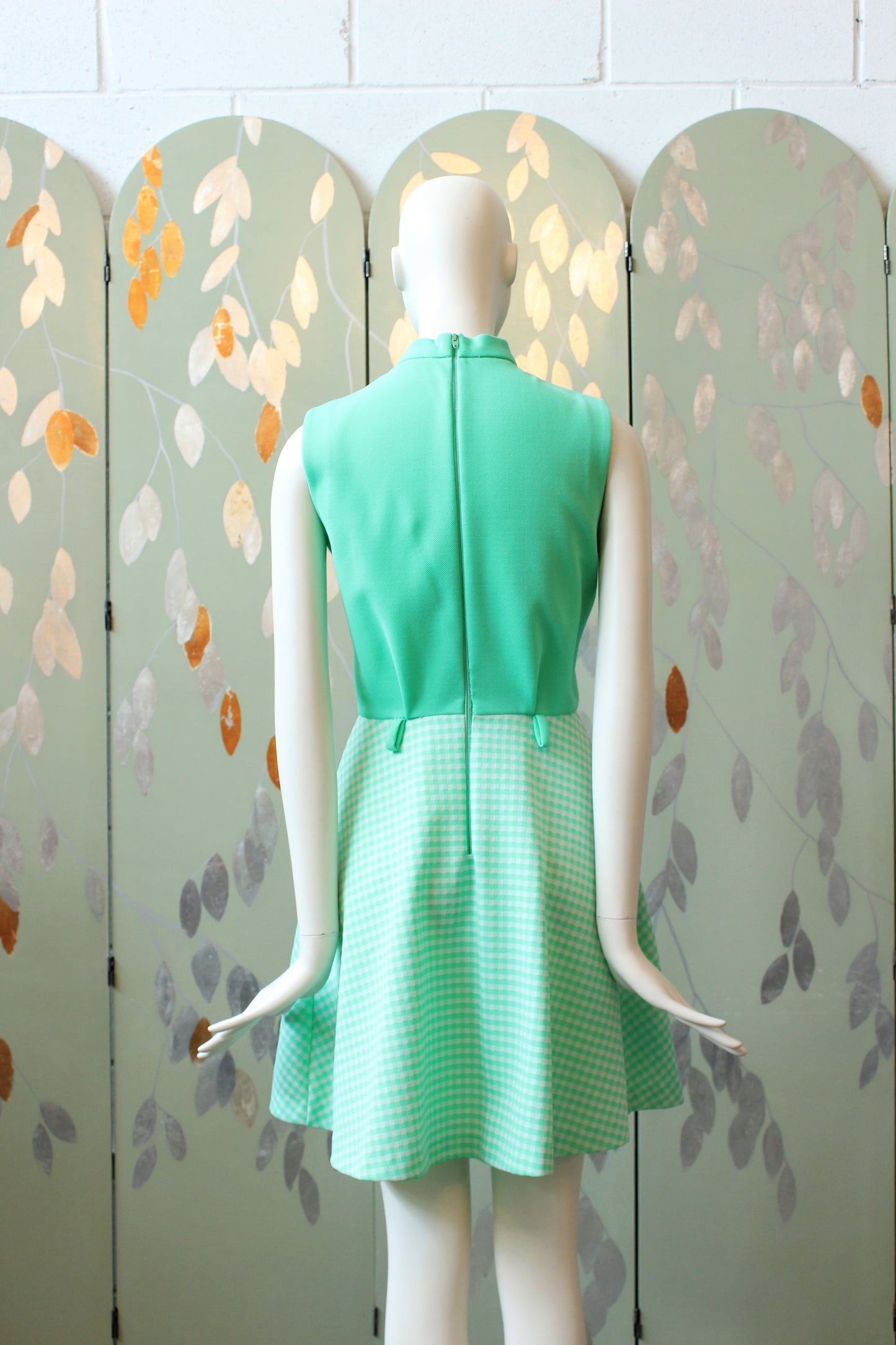 1970s Lacoste Bright Green Sleeveless Tennis Dress With Flared Gingham Skirt, Small