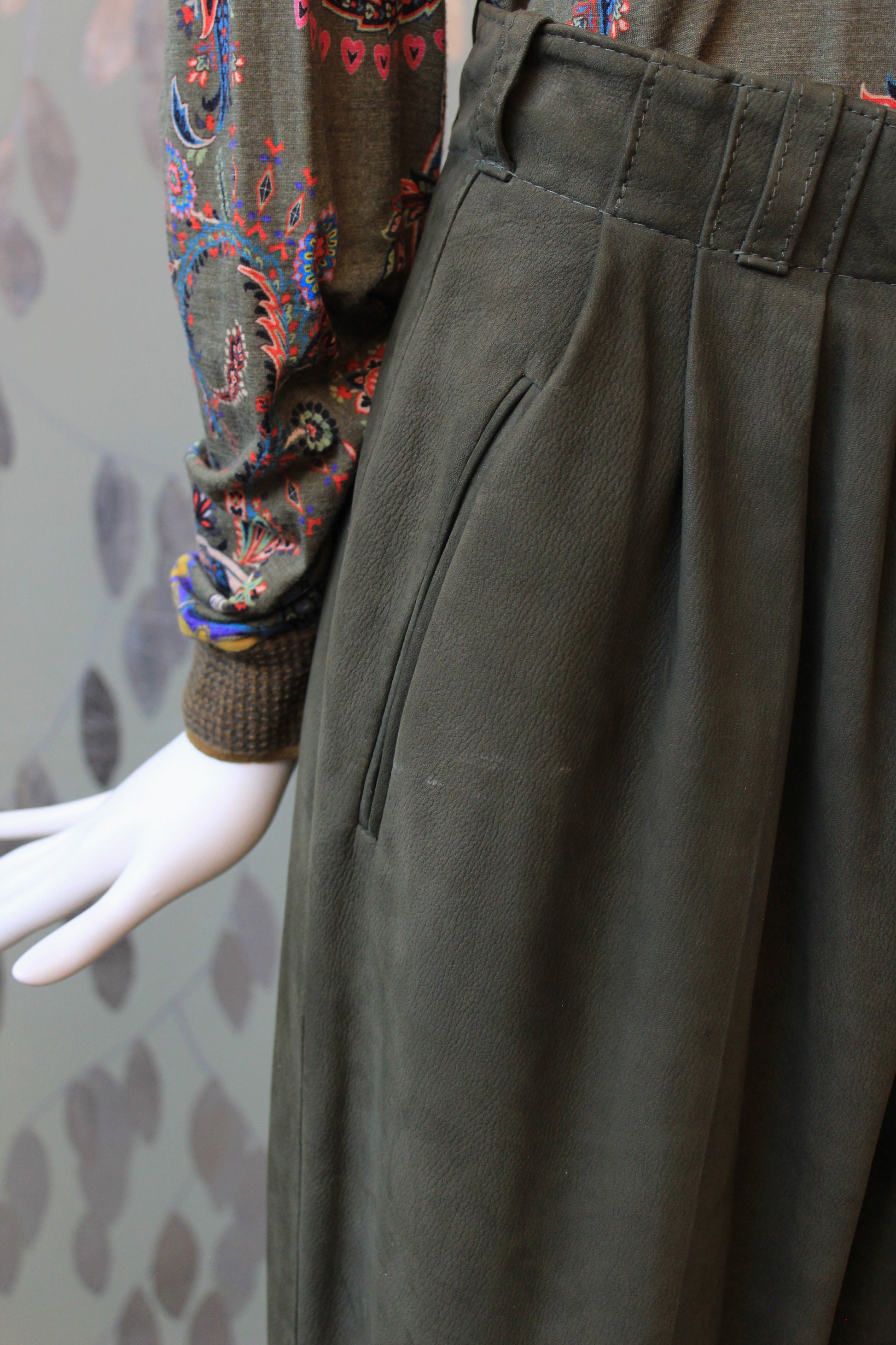 1980s Leather Paperbag Style Pants In Olive Green, Medium