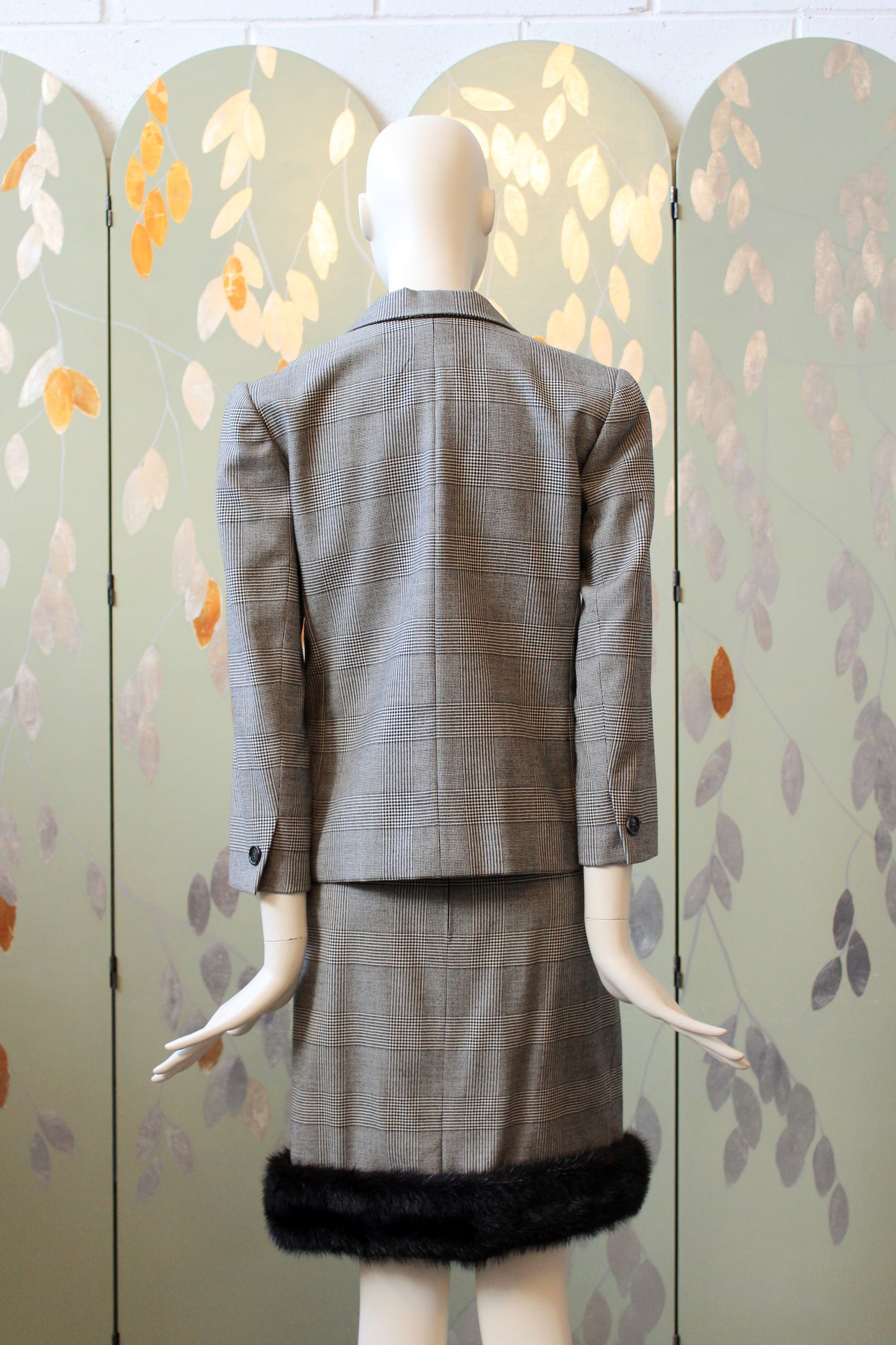 1990s Lily Simon 3PC Houndstooth Fur Trim Skirt Set With Scarf, Small