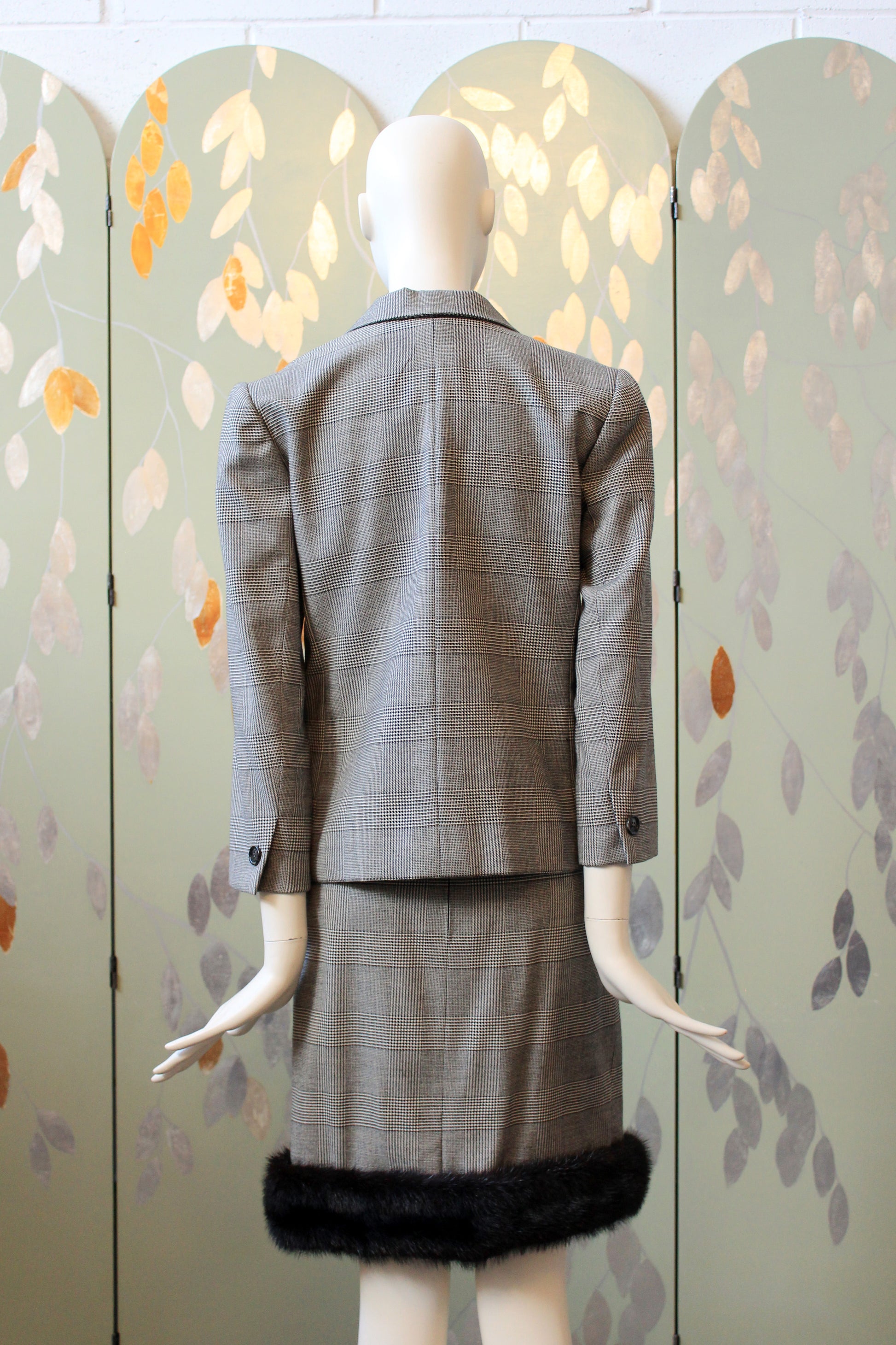 1990s Lily Simon 3PC Houndstooth Fur Trim Skirt Set With Scarf, Small