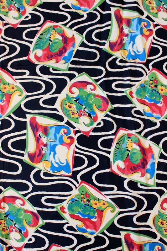 1940s Navy Blue Picture Paintings Multicoloured Rayon Fabric, 2.5 Yards