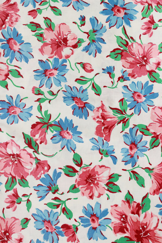 Vintage 1950s Pink And Blue Floral Cotton Sewing Fabric, 3.5 Yards