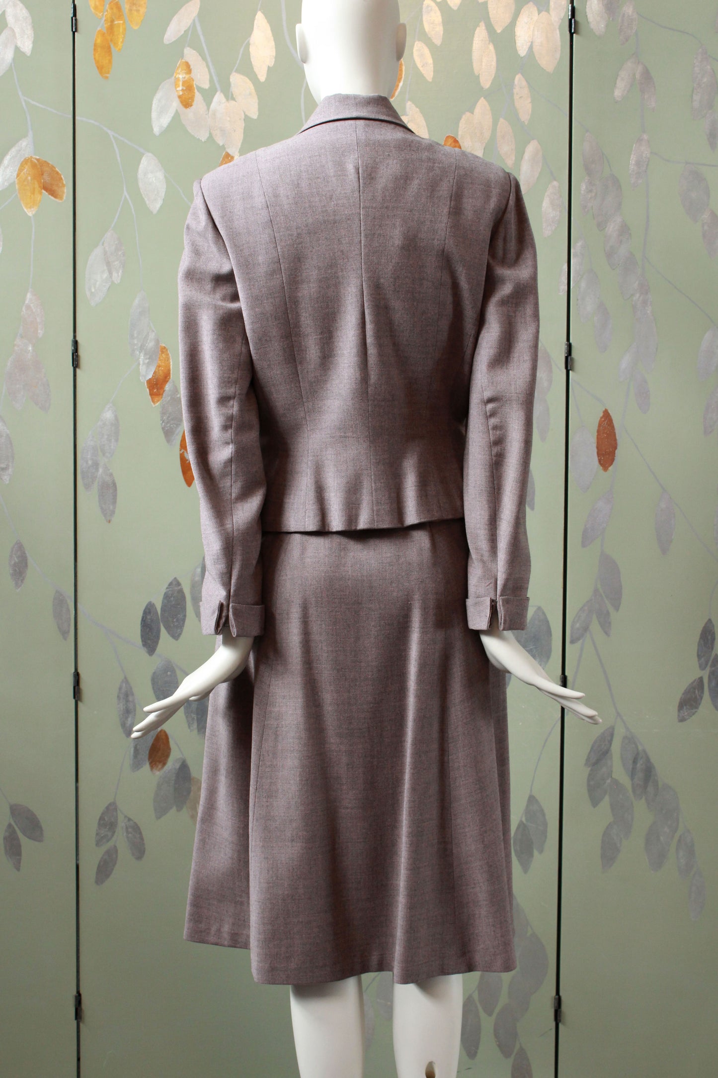 Vintage 1950s Taupe Flared Skirt Suit Set With Bows, XS