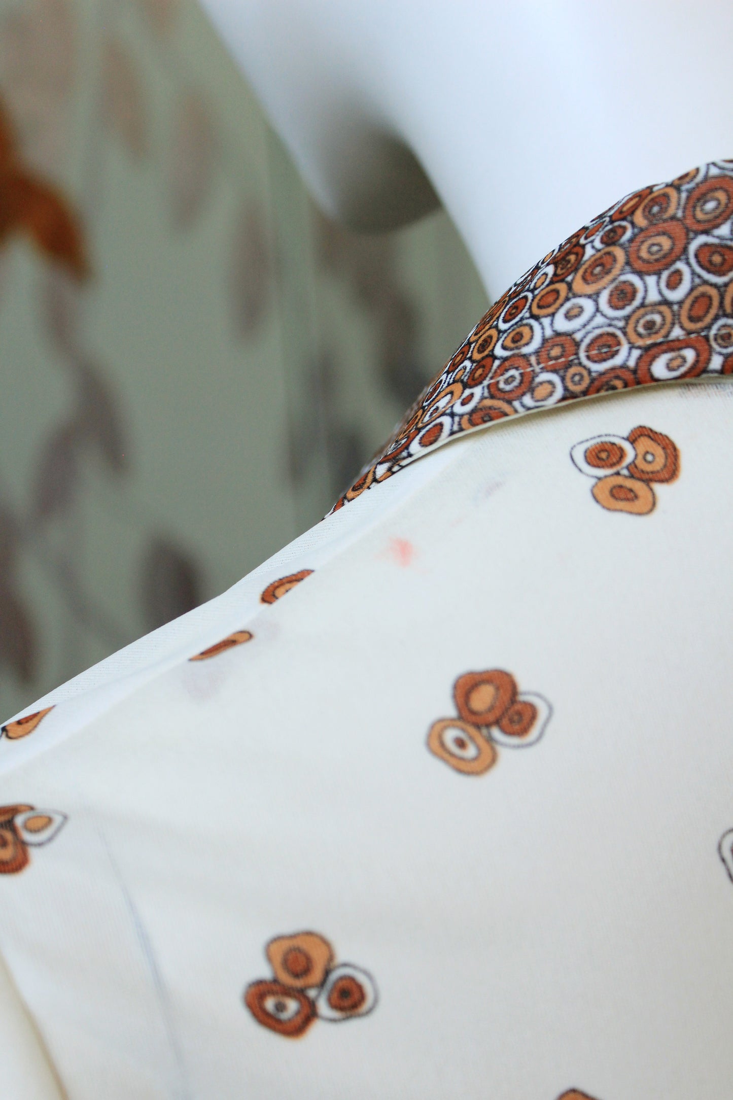 Early 1980s Cream Long Sleeve Pleated Dress With Brown Circle Details And Matching Belt, Small