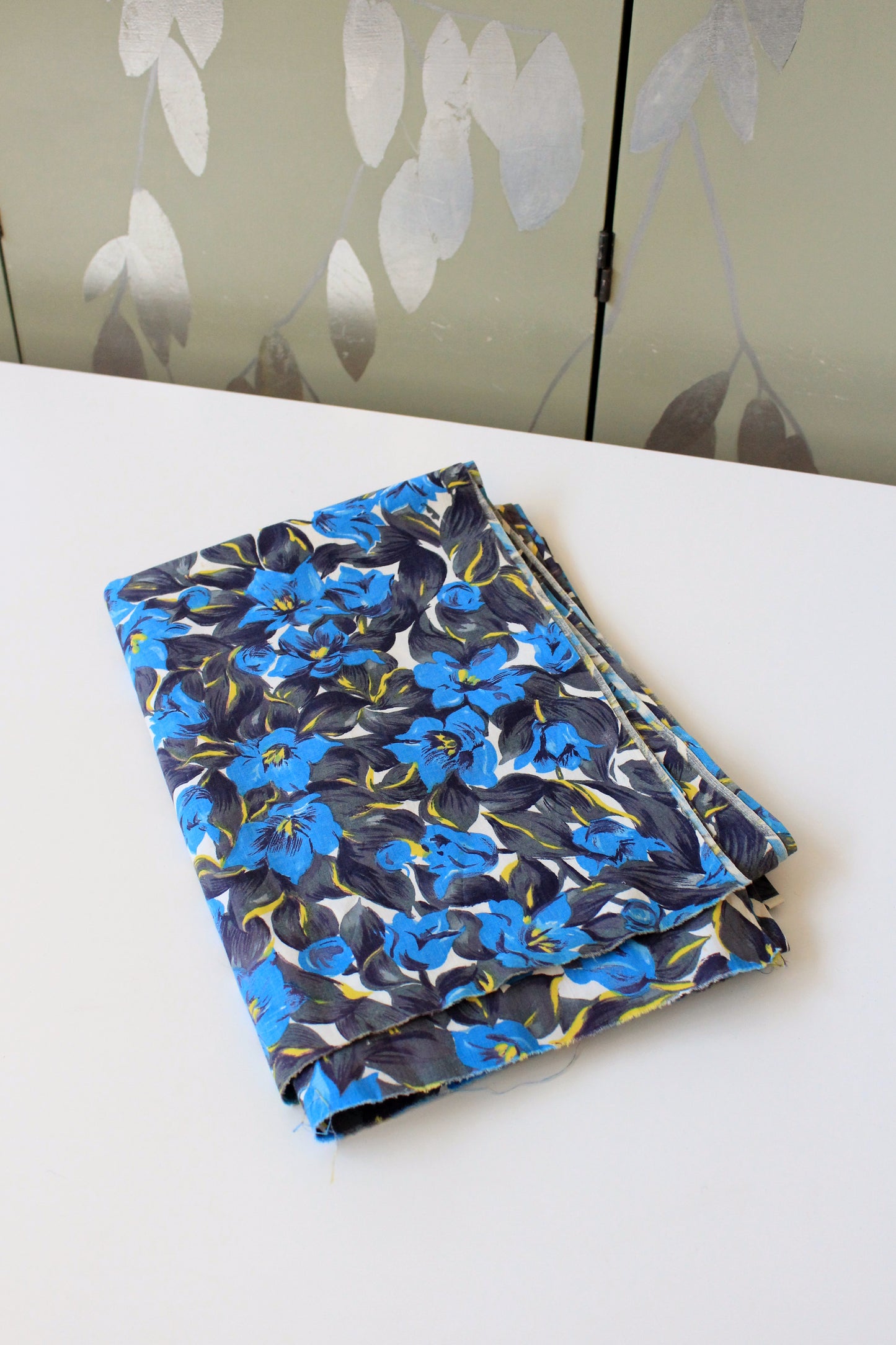 Vintage 1960s Blue And Black Abstract Floral Cotton Fabric, 4.1 Yards