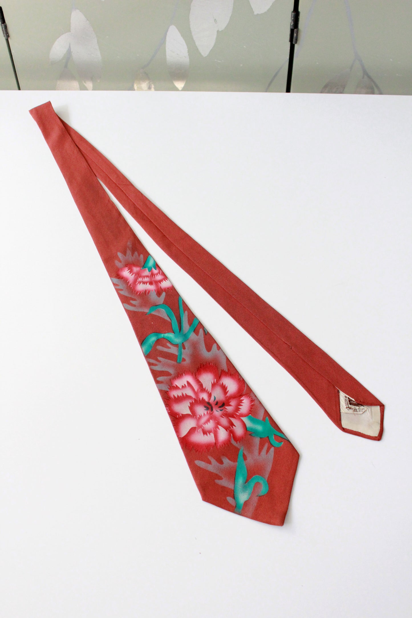 Vintage 1950s Burnt Orange Floral Print Tie, De luxe HOLLYVOGUE