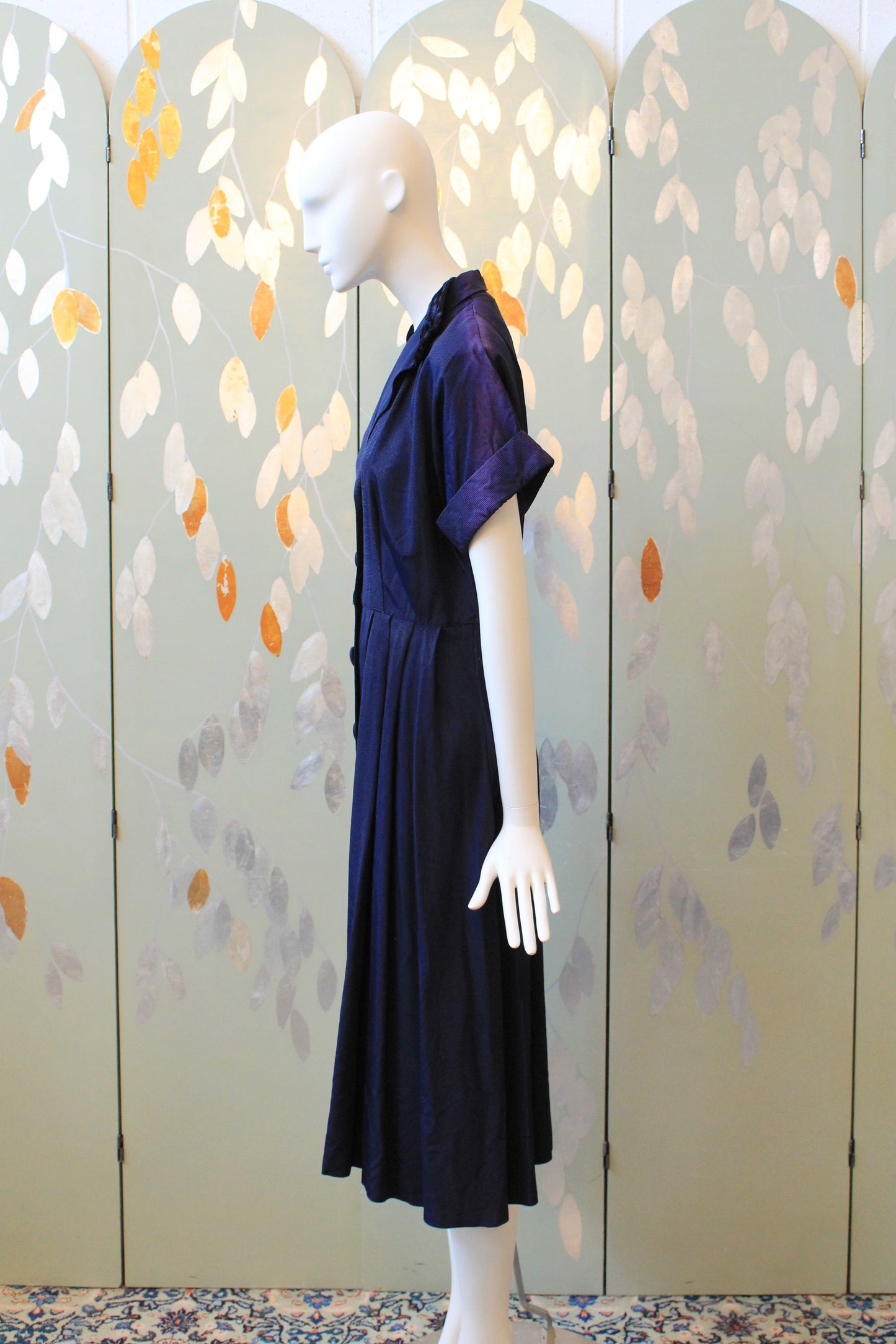 1950s Navy Short Sleeve Blue Dress With Velvet Collar Detail, Large