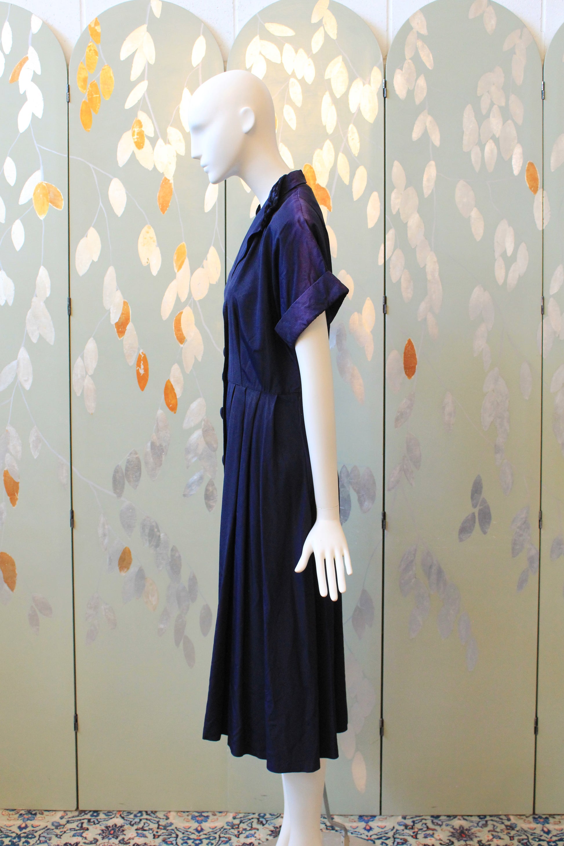 1950s Navy Short Sleeve Blue Dress With Velvet Collar Detail, Large
