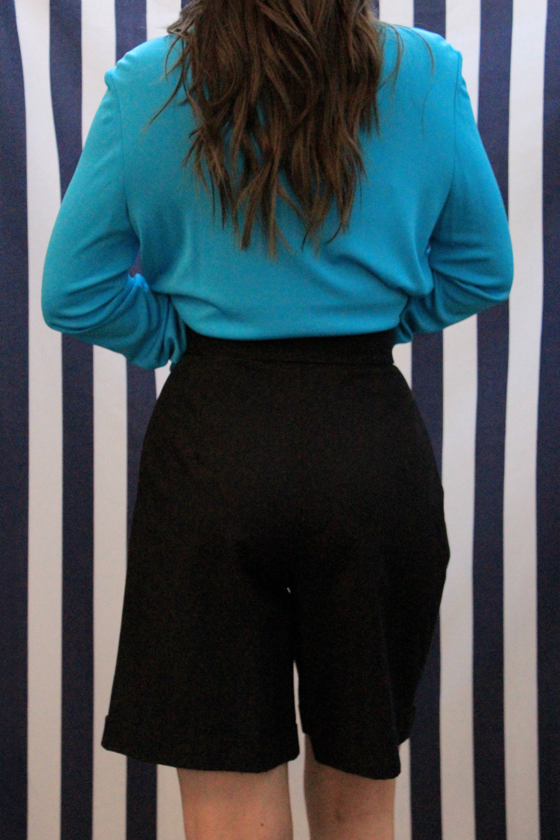 Vintage 1980s Deadstock Navy Blue Pleated Cuffed High Waist Bermuda Dress Shorts