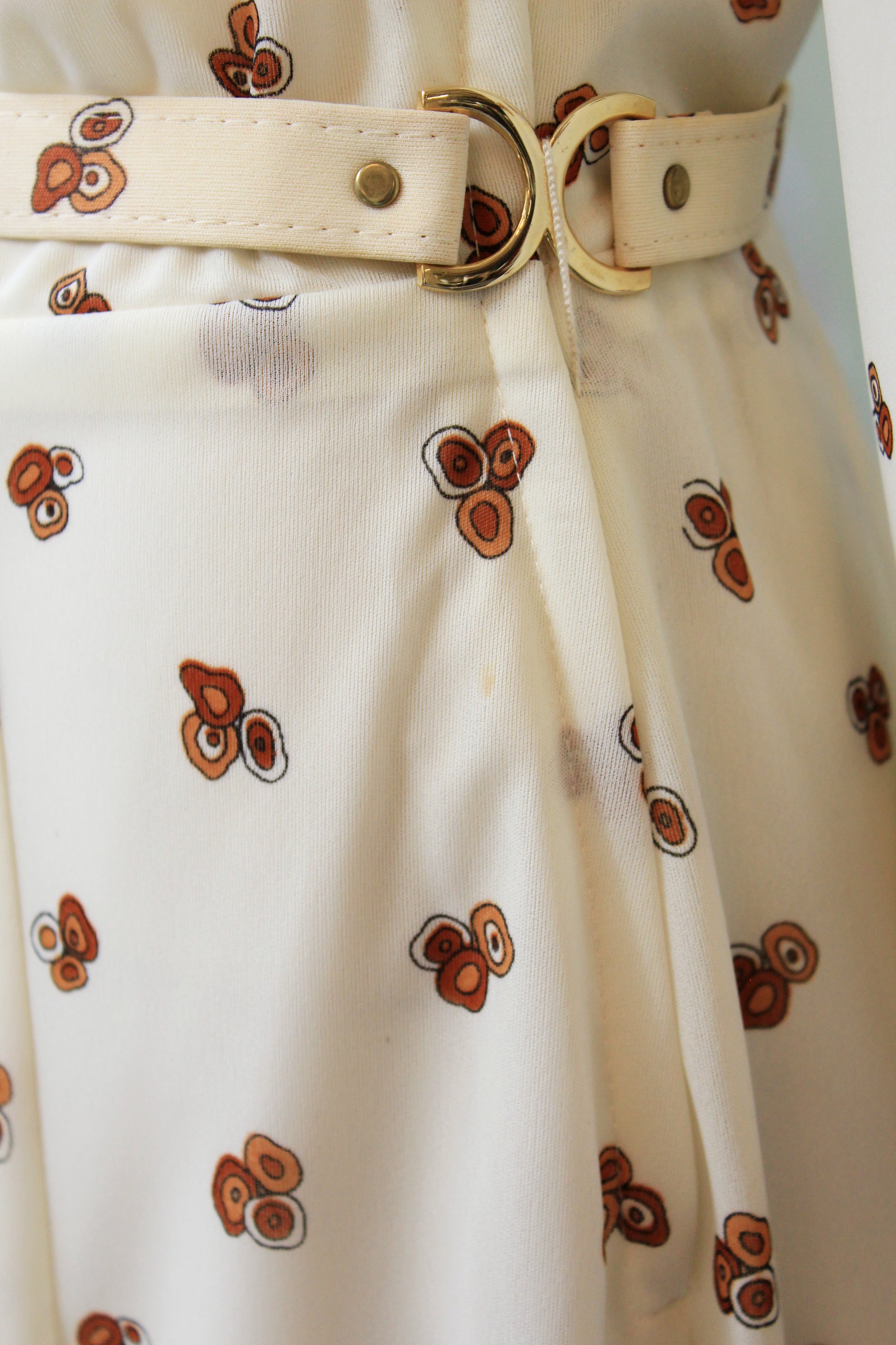Early 1980s Cream Long Sleeve Pleated Dress With Brown Circle Details And Matching Belt, Small
