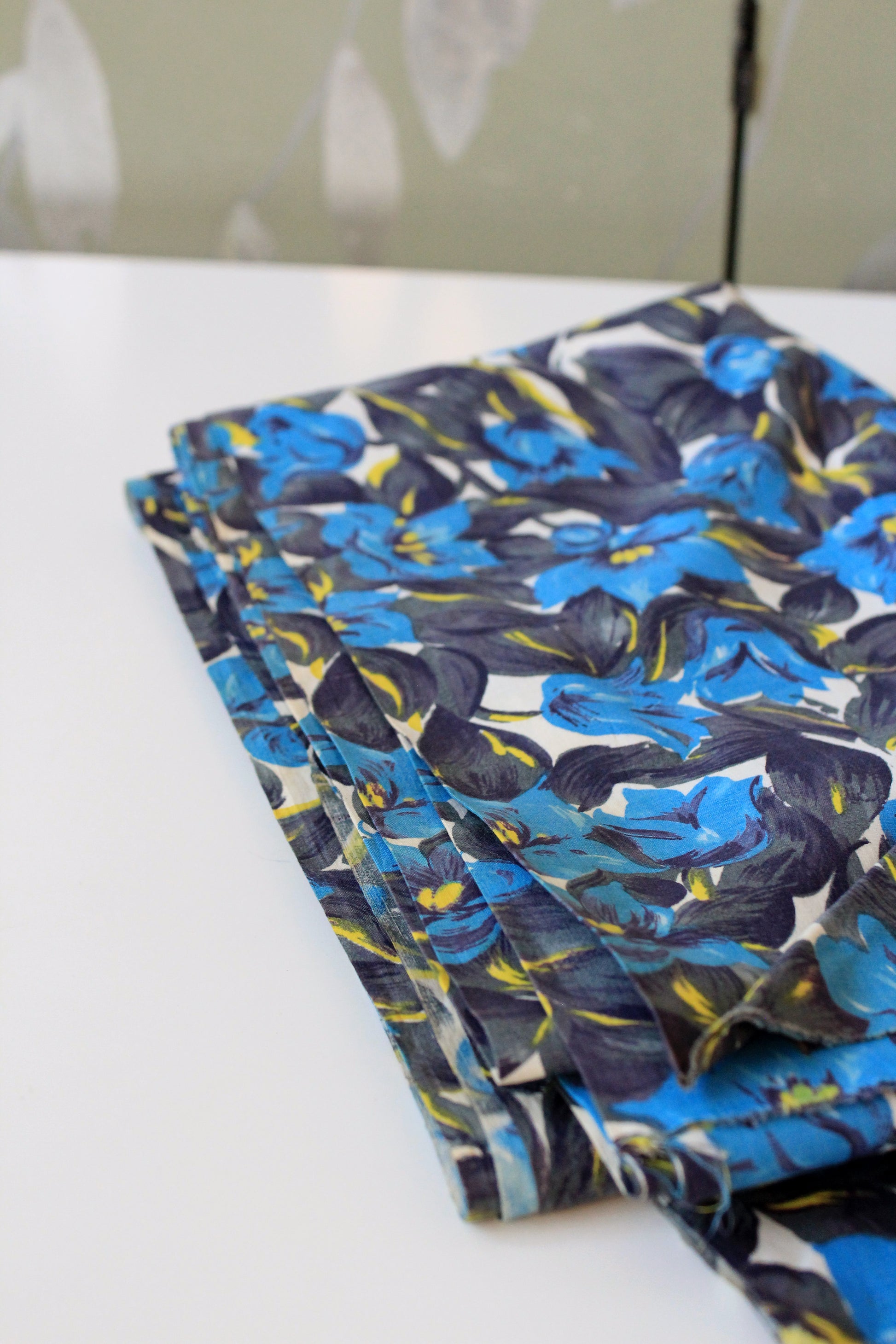 Vintage 1960s Blue And Black Abstract Floral Cotton Fabric, 4.1 Yards