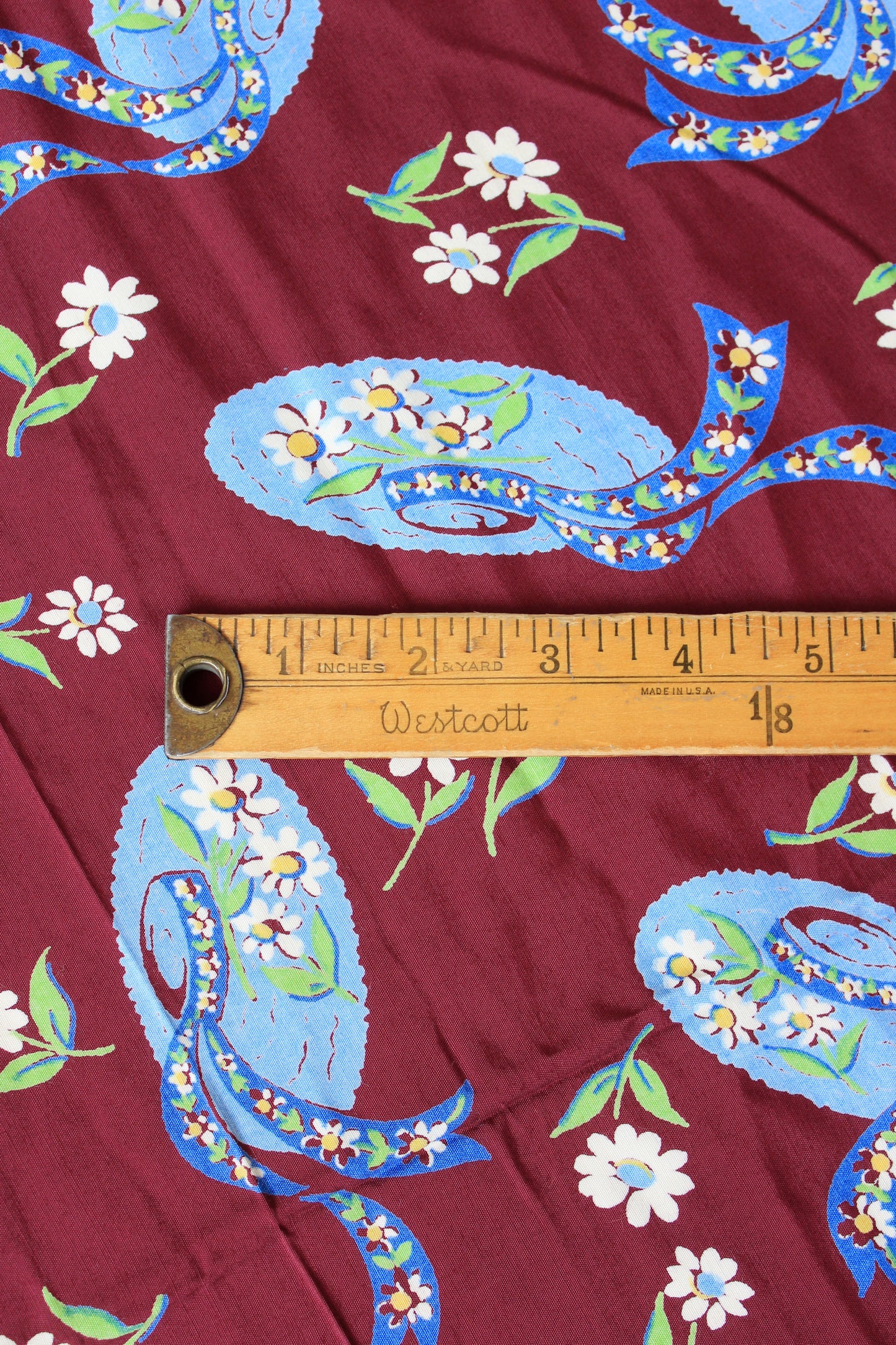 1940s Burgundy And Light Blue Sunhat Print Rayon Sewing Fabric, 2 Yards