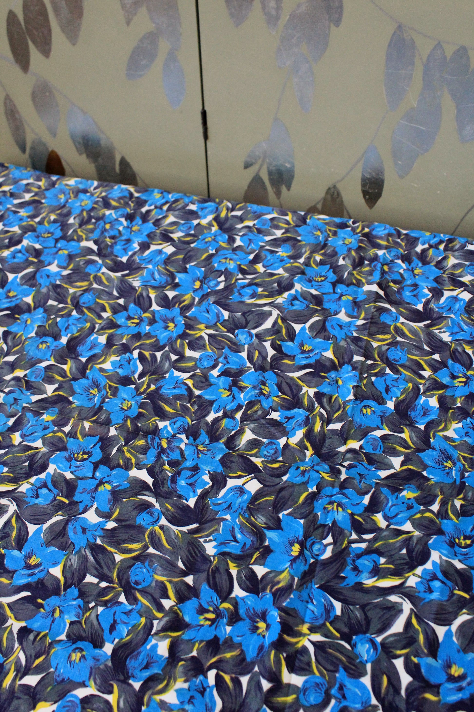 Vintage 1960s Blue And Black Abstract Floral Cotton Fabric, 4.1 Yards