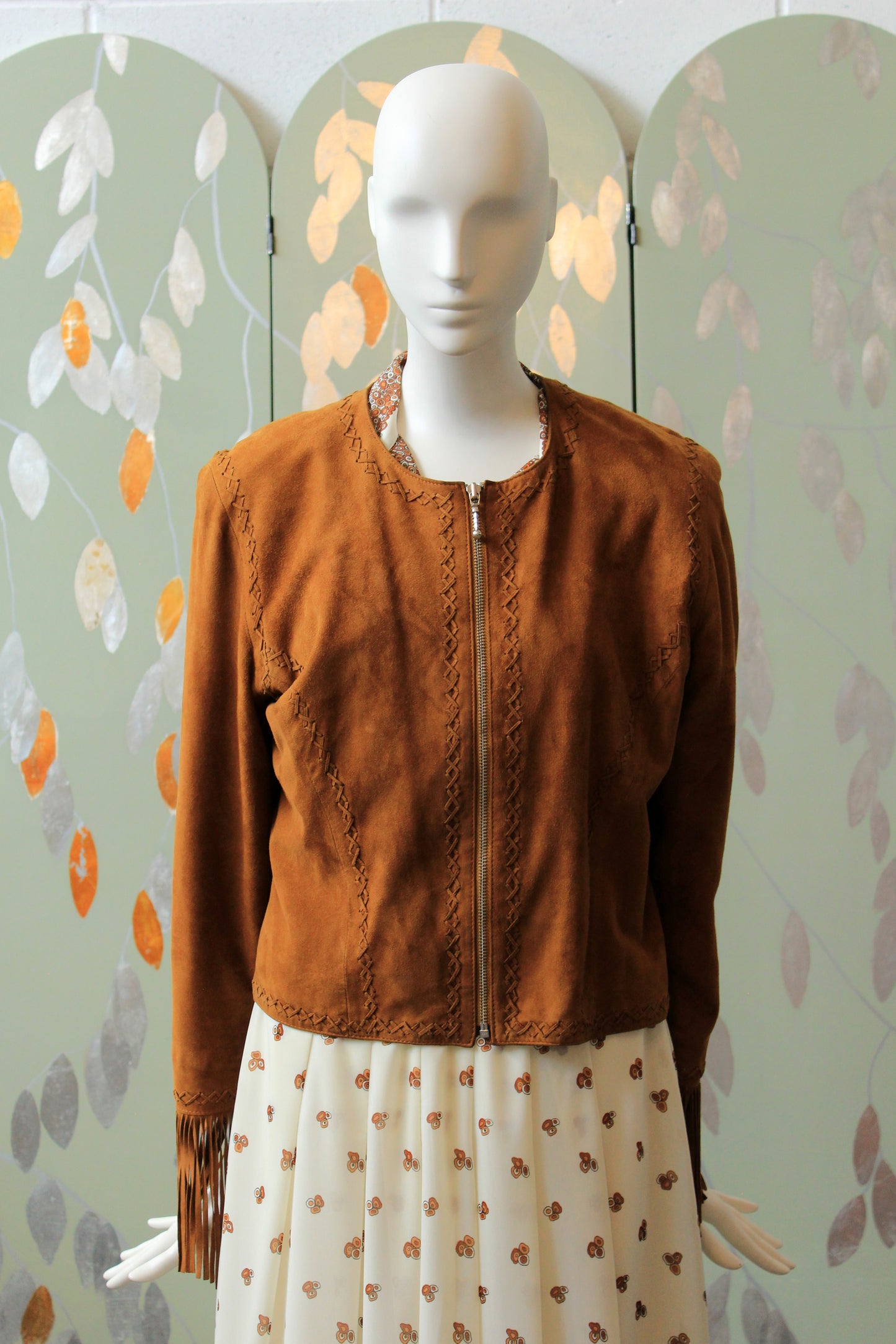 2010s Suede Tan Jacket With Fringe On Sleeves, Large