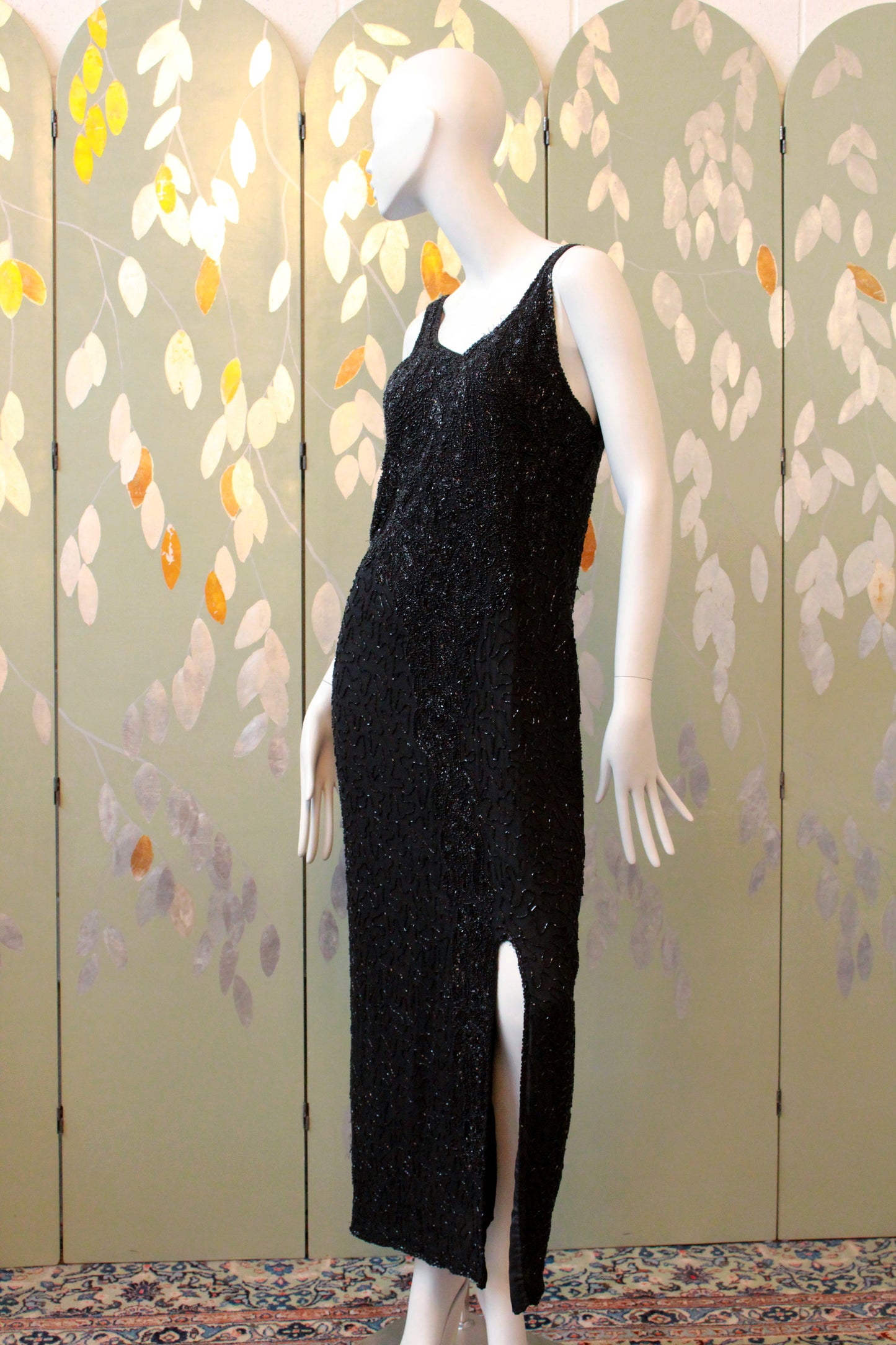 Vintage 1990s Beaded Silk Evening Gown With Slit, M