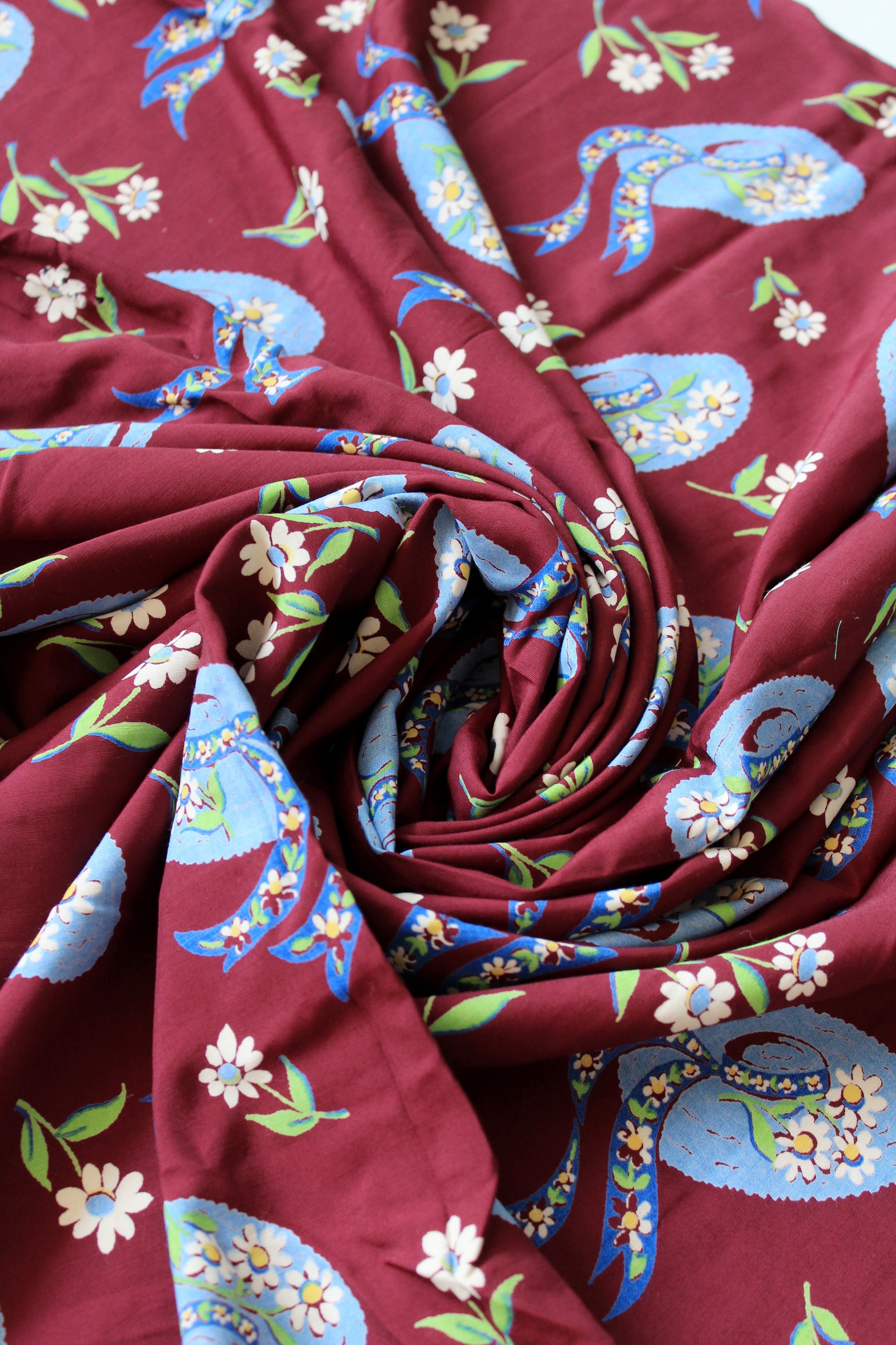 1940s Burgundy And Light Blue Sunhat Print Rayon Sewing Fabric, 2 Yards