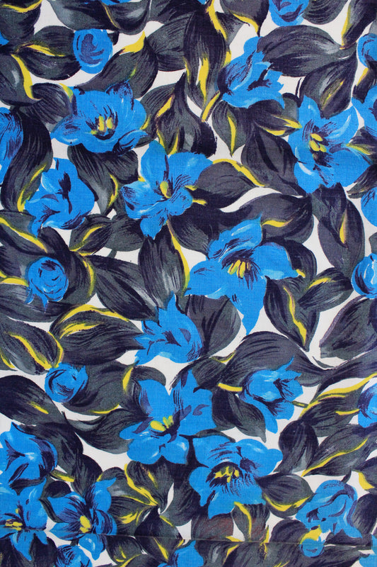 Vintage 1960s Blue And Black Abstract Floral Cotton Fabric, 4.1 Yards