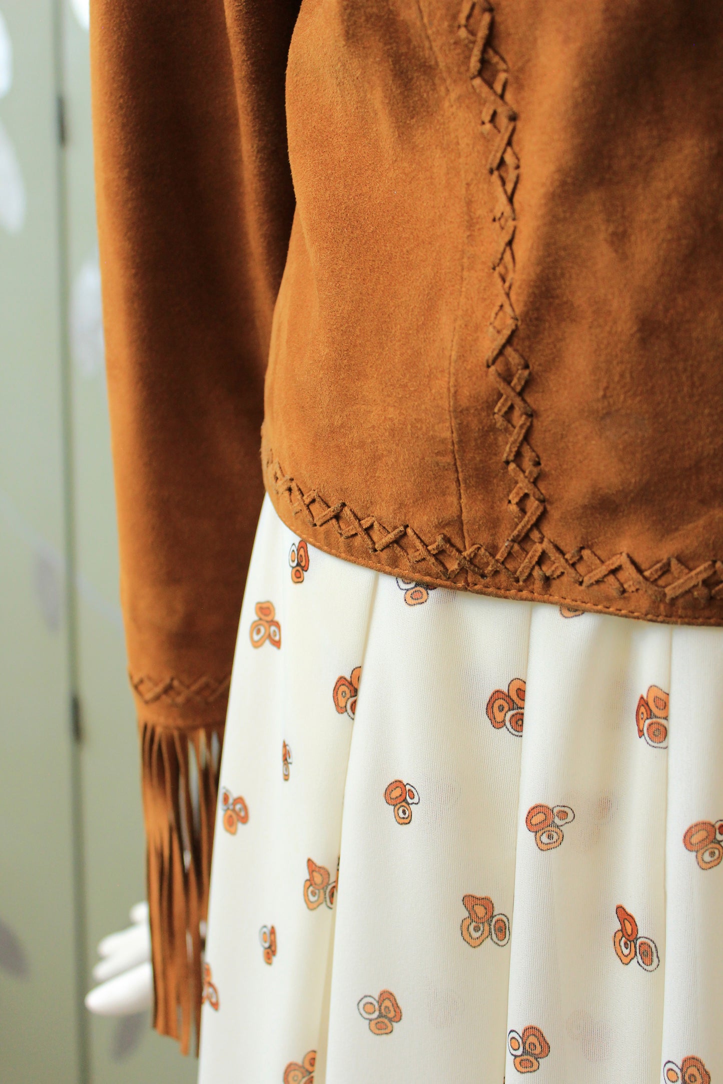 2010s Suede Tan Jacket With Fringe On Sleeves, Large