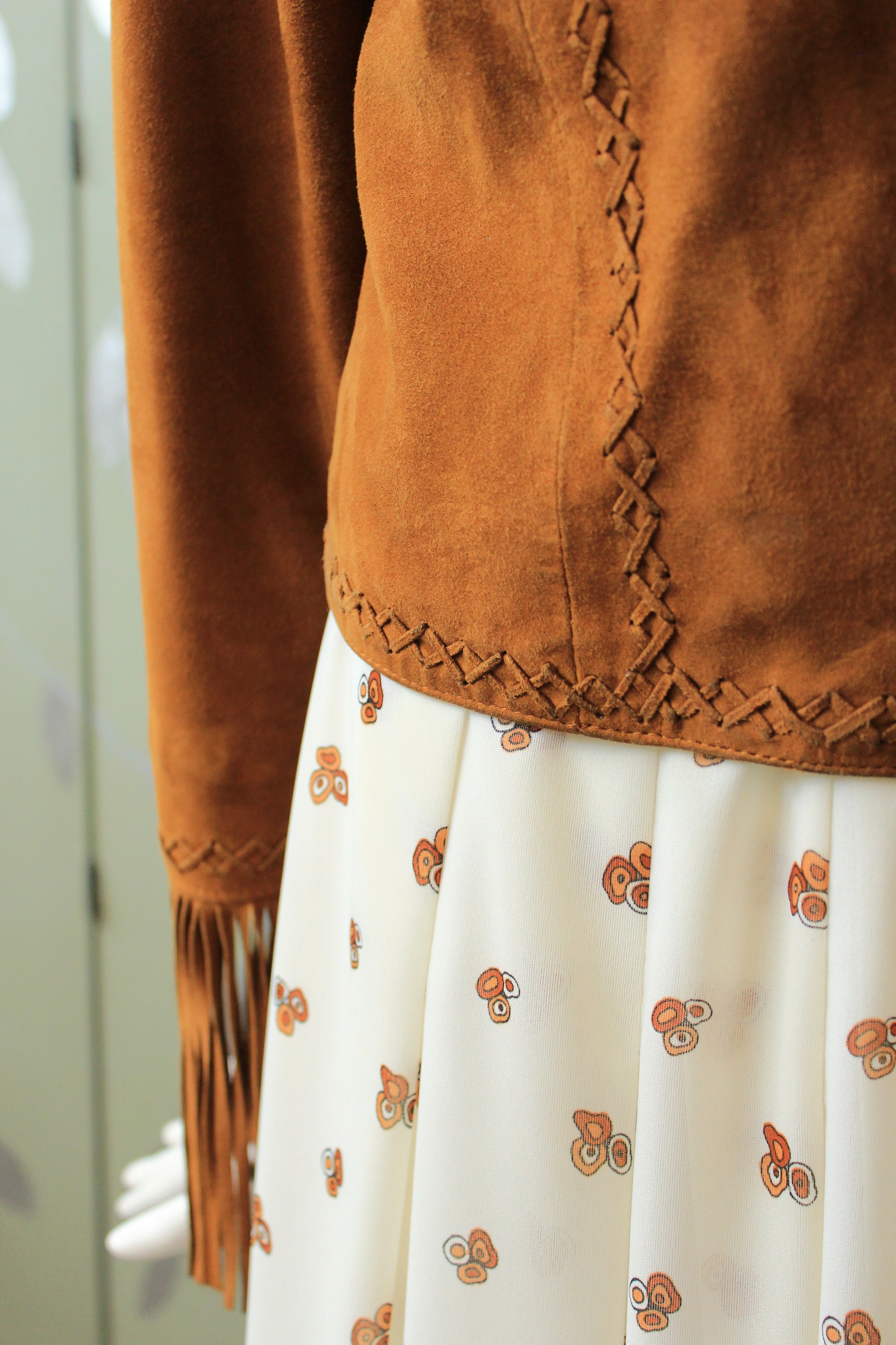 2010s Suede Tan Jacket With Fringe On Sleeves, Large